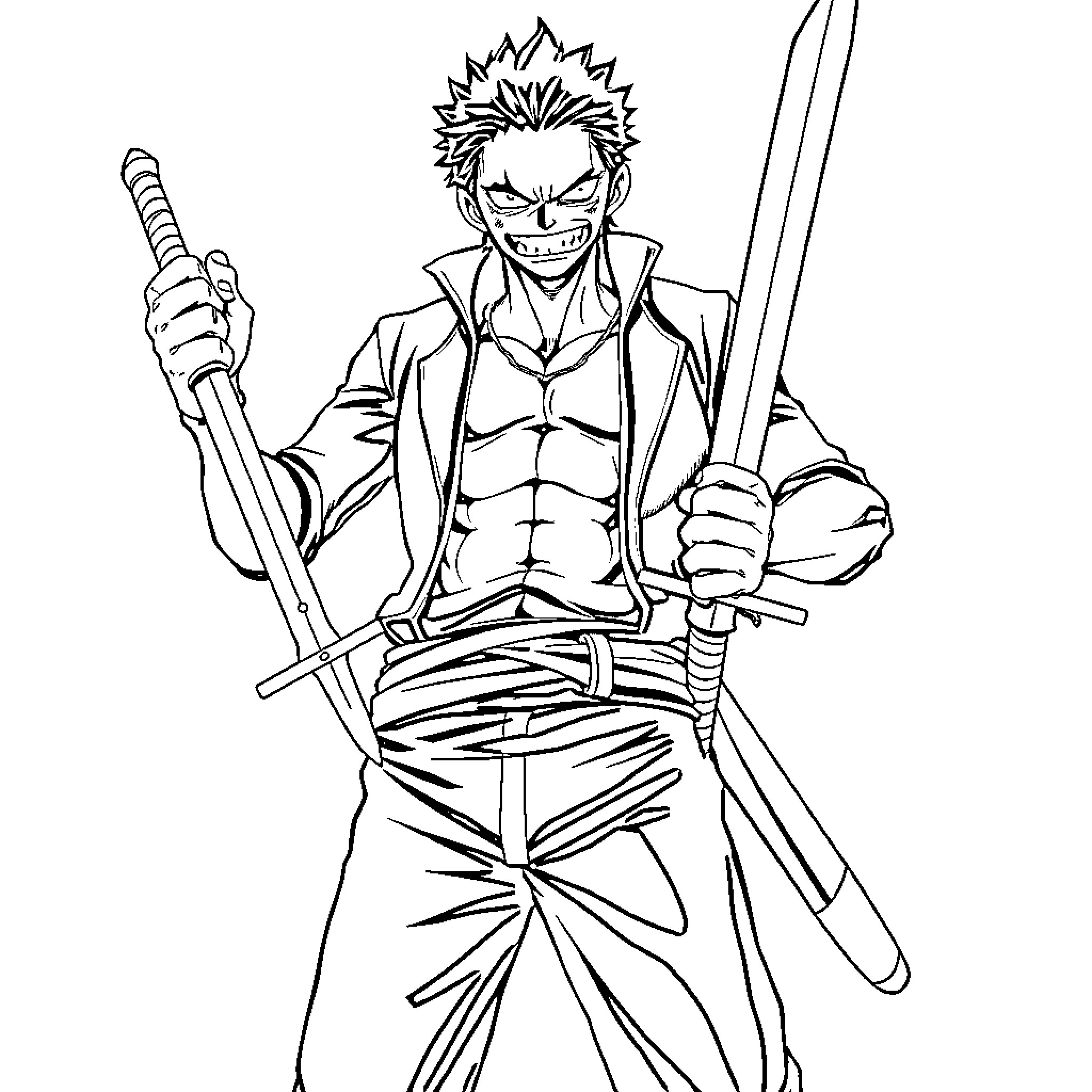 Roronoa Zoro in fierce battle stance Coloring Page (free black-and-white line drawing printable PDF for all, from beginners to advanced learners, including children, teens, adults, and seniors)