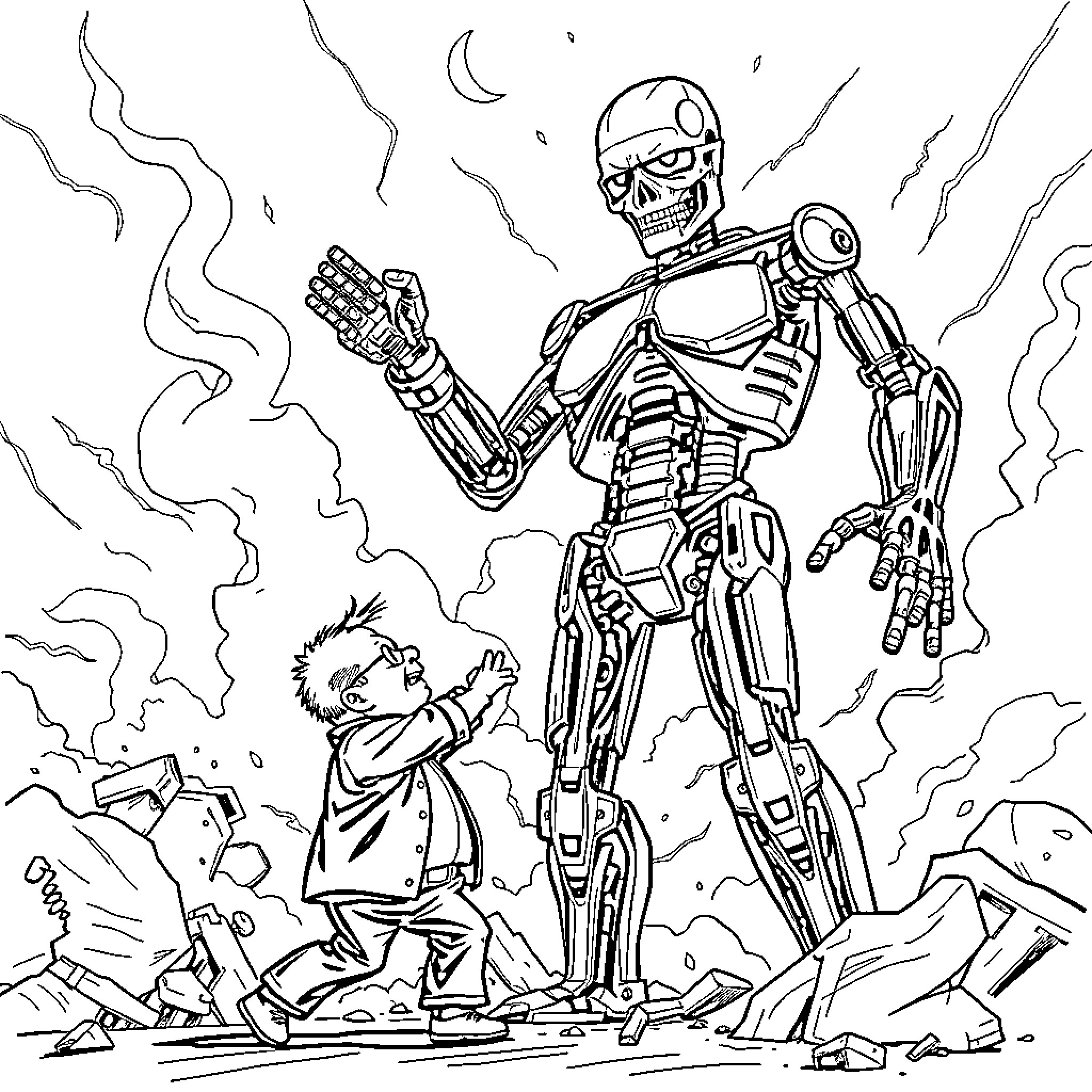 Danny DeVito as a futuristic robotic warrior Coloring Page (free black-and-white line drawing printable PDF for all, from beginners to advanced learners, including children, teens, adults, and seniors)
