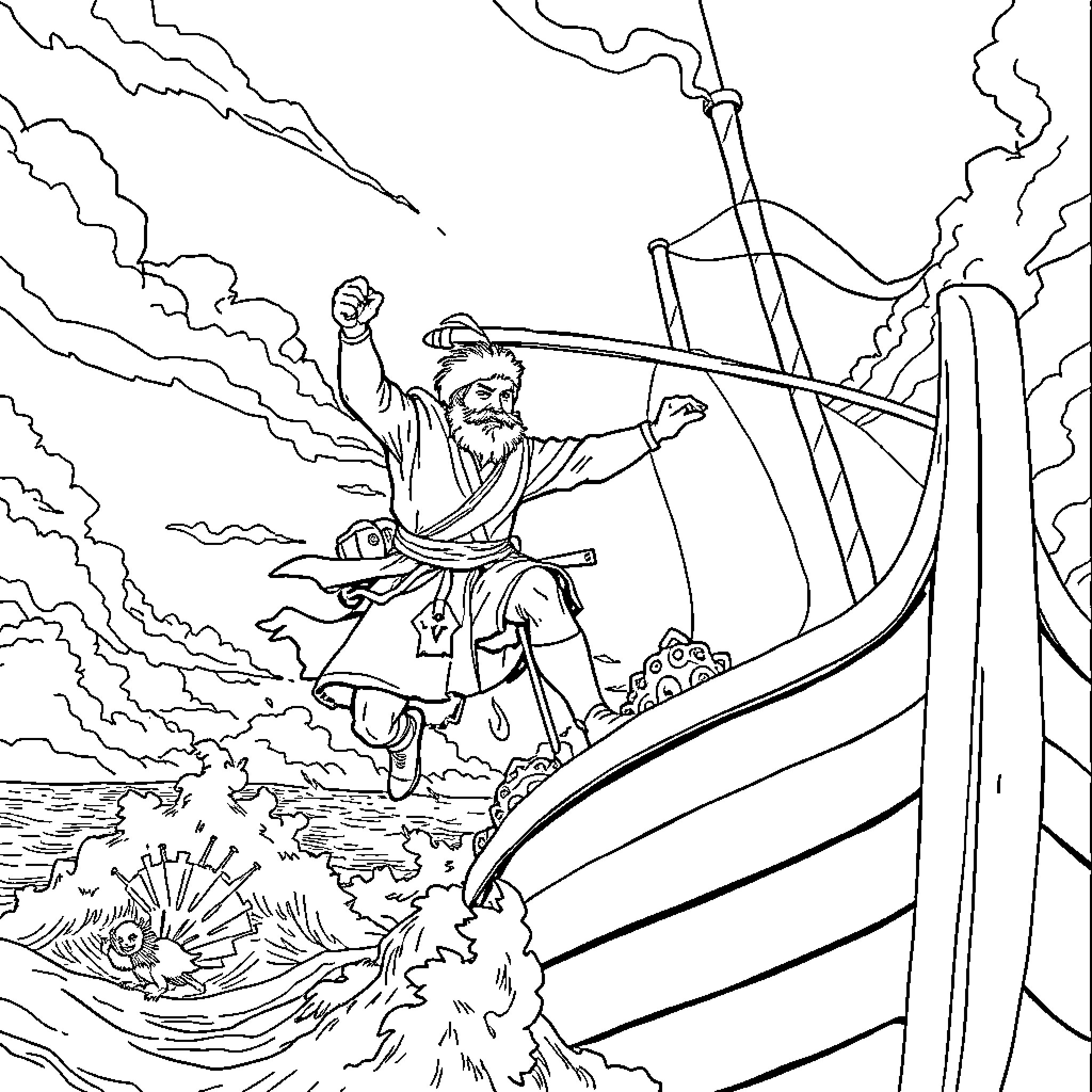 Arturo Prat's heroic stand on a stormy sea Coloring Page (free black-and-white line drawing printable PDF for all, from beginners to advanced learners, including children, teens, adults, and seniors)