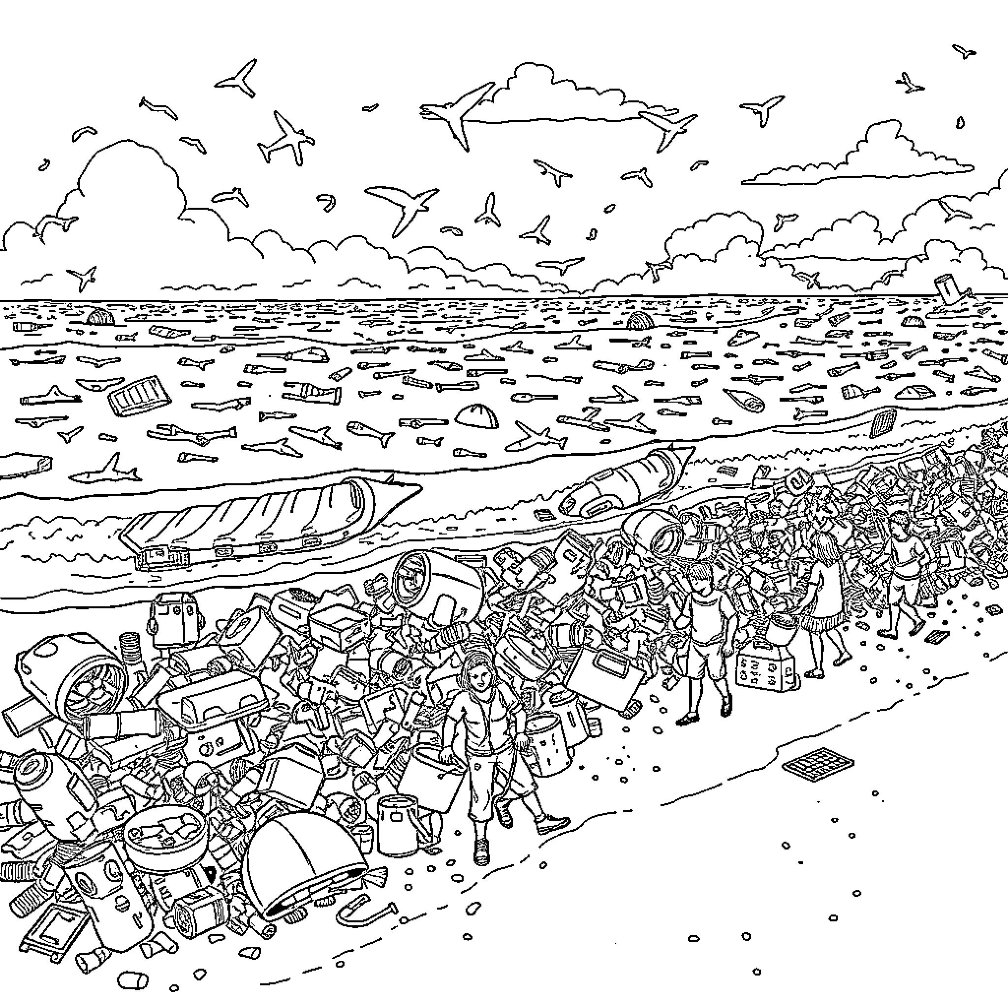 Ocean Filled with Floating Debris and Crowds on the Shore Coloring Page (free black-and-white line drawing printable PDF for all, from beginners to advanced learners, including children, teens, adults, and seniors)