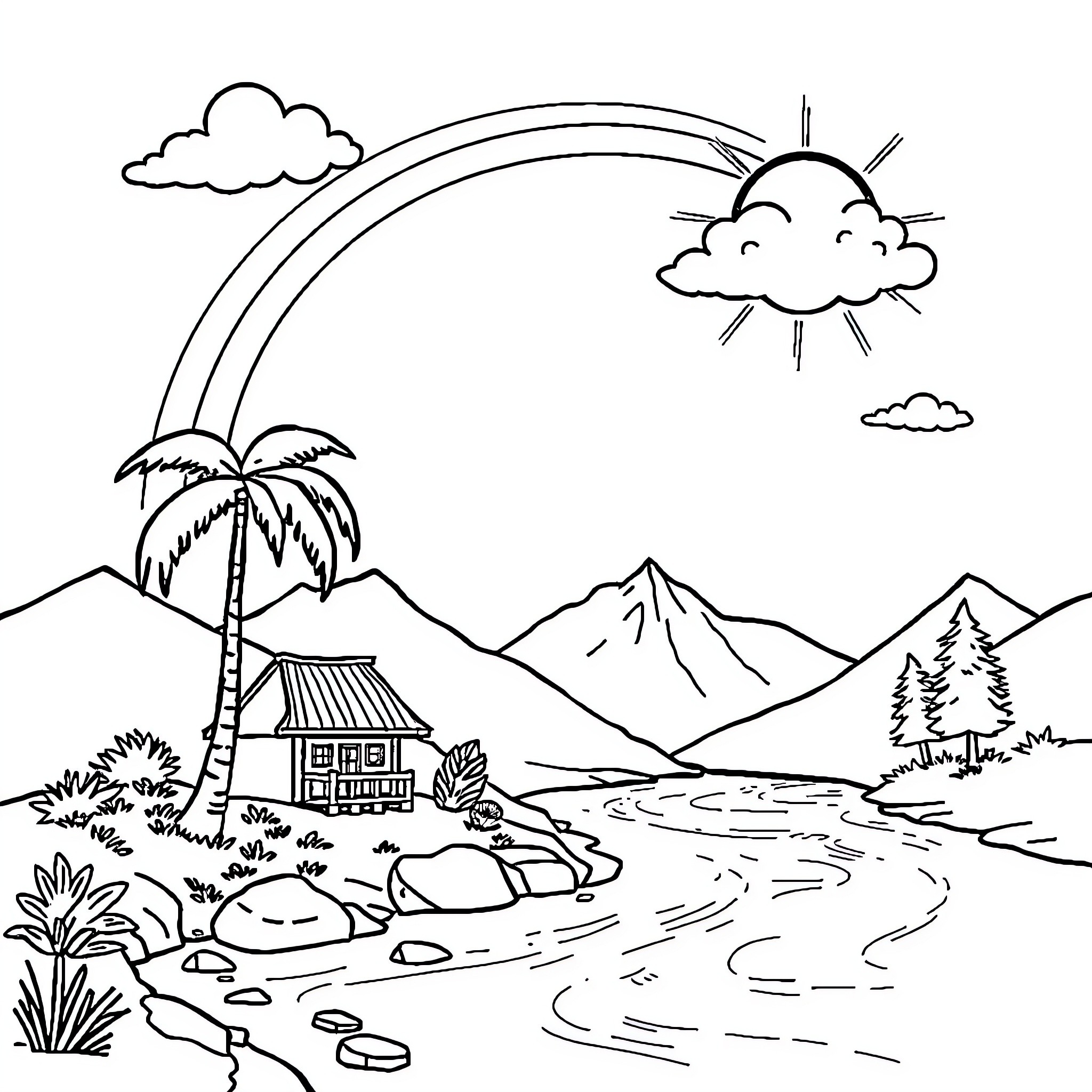 Scenery of a peaceful mountain landscape Coloring Page (free black-and-white line drawing printable PDF for all, from beginners to advanced learners, including children, teens, adults, and seniors)