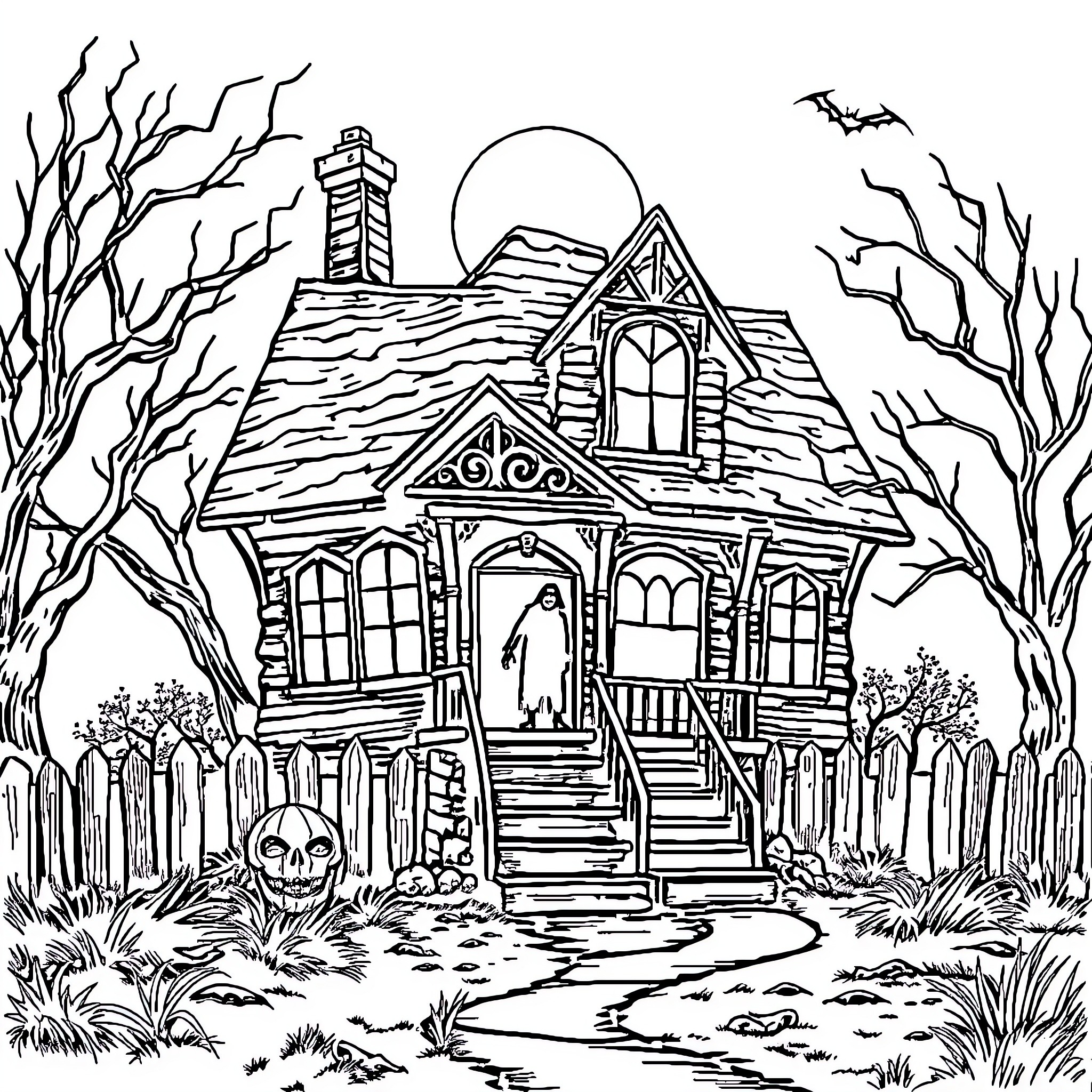 House of Haunted Horrors Coloring Page (free black-and-white line drawing printable PDF for all, from beginners to advanced learners, including children, teens, adults, and seniors)