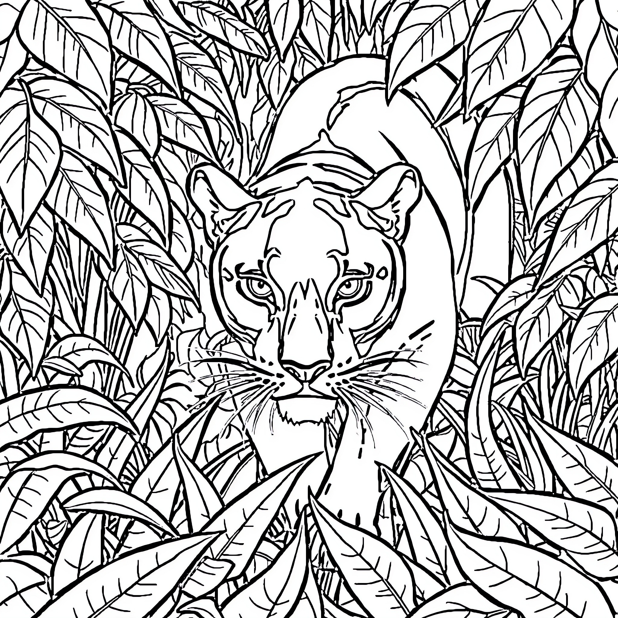Panther hidden in lush jungle vegetation Coloring Page (free black-and-white line drawing printable PDF for all, from beginners to advanced learners, including children, teens, adults, and seniors)