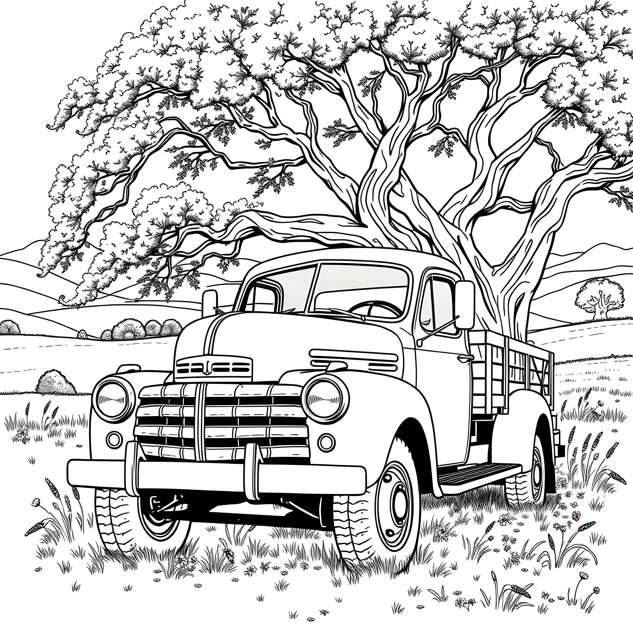 Truck Transporting Goods Through Blooming Countryside Coloring Page (free black-and-white line drawing printable PDF for all, from beginners to advanced learners, including children, teens, adults, and seniors)