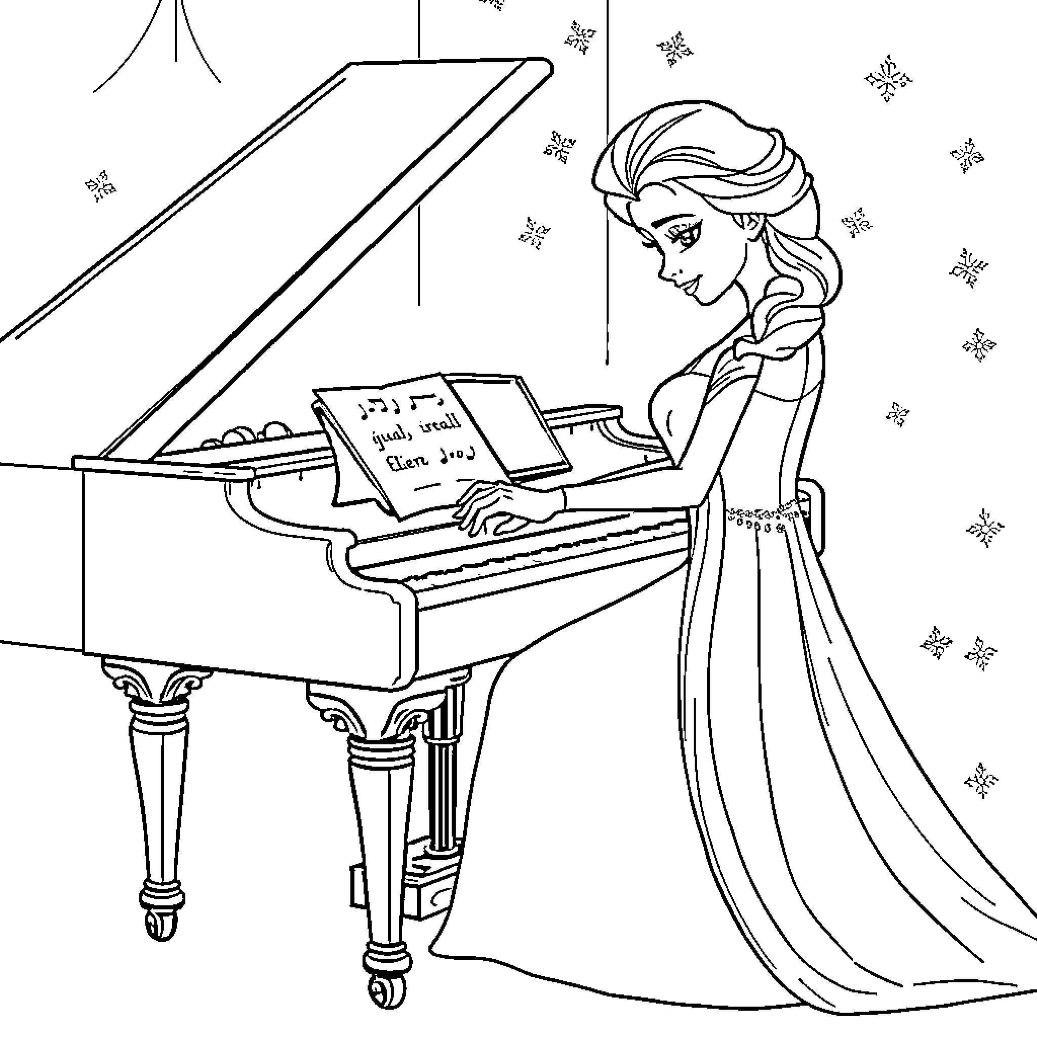 Frozen girl playing music on grand piano Coloring Page (free black-and-white line drawing printable PDF for all, from beginners to advanced learners, including children, teens, adults, and seniors)