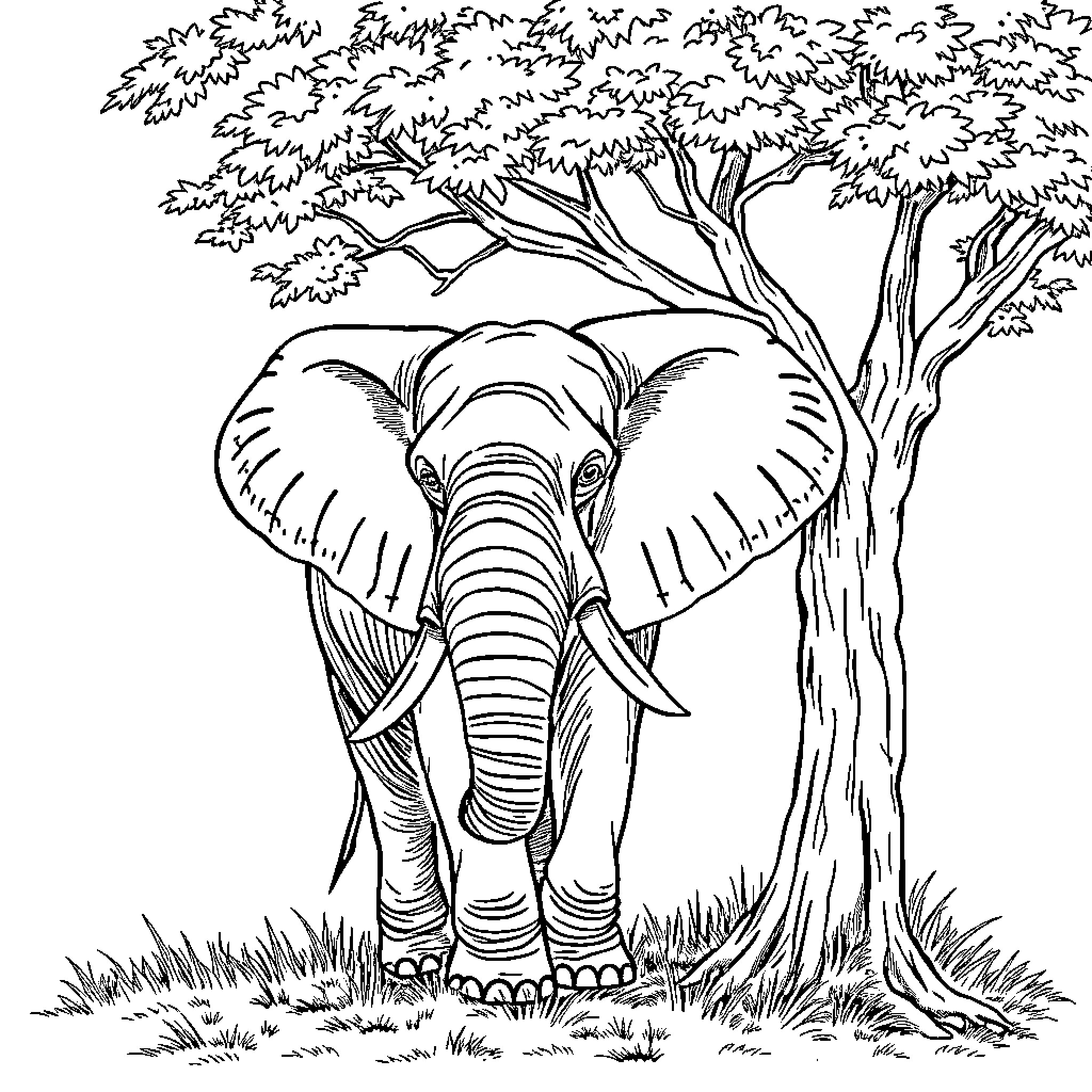 Elephant standing in the forest Coloring Page (free black-and-white line drawing printable PDF for all, from beginners to advanced learners, including children, teens, adults, and seniors)