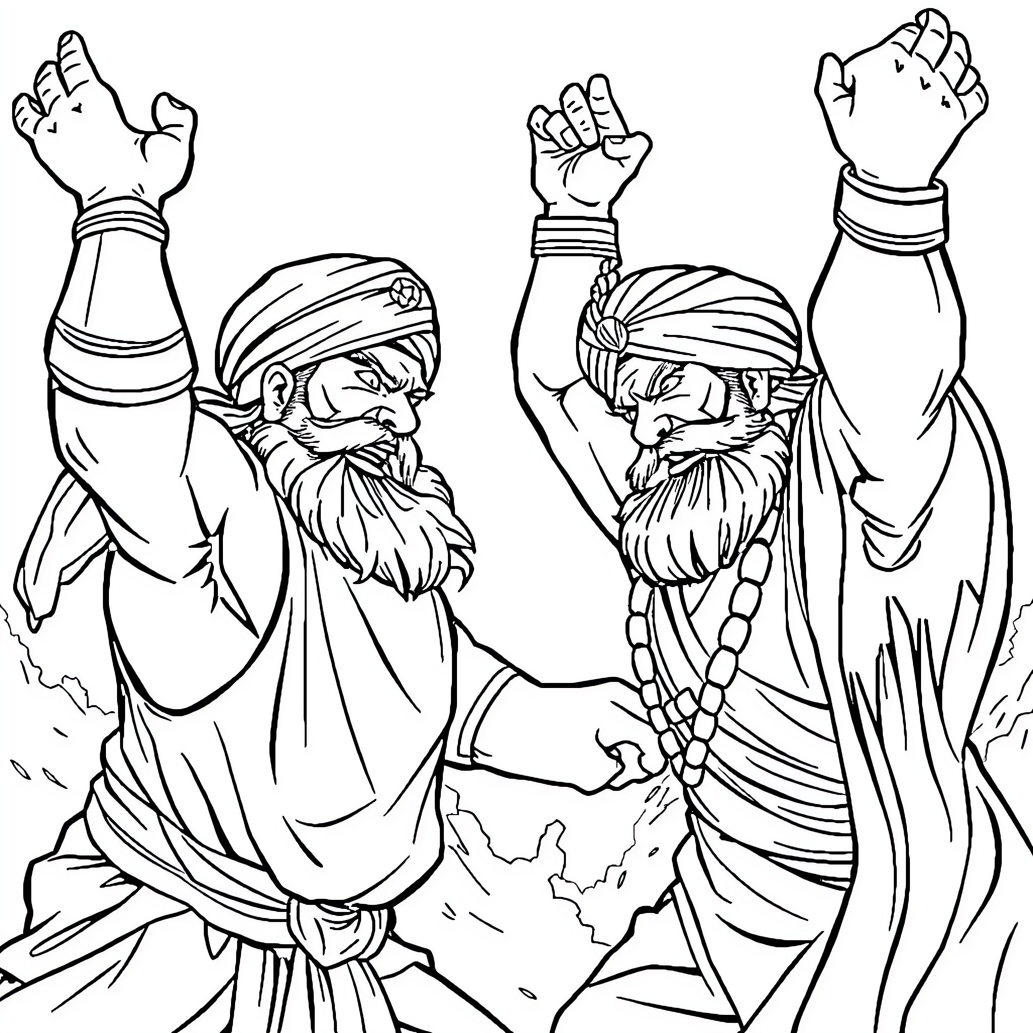 Baba warriors celebrating victory with raised hands Coloring Page (free black-and-white line drawing printable PDF for all, from beginners to advanced learners, including children, teens, adults, and seniors)