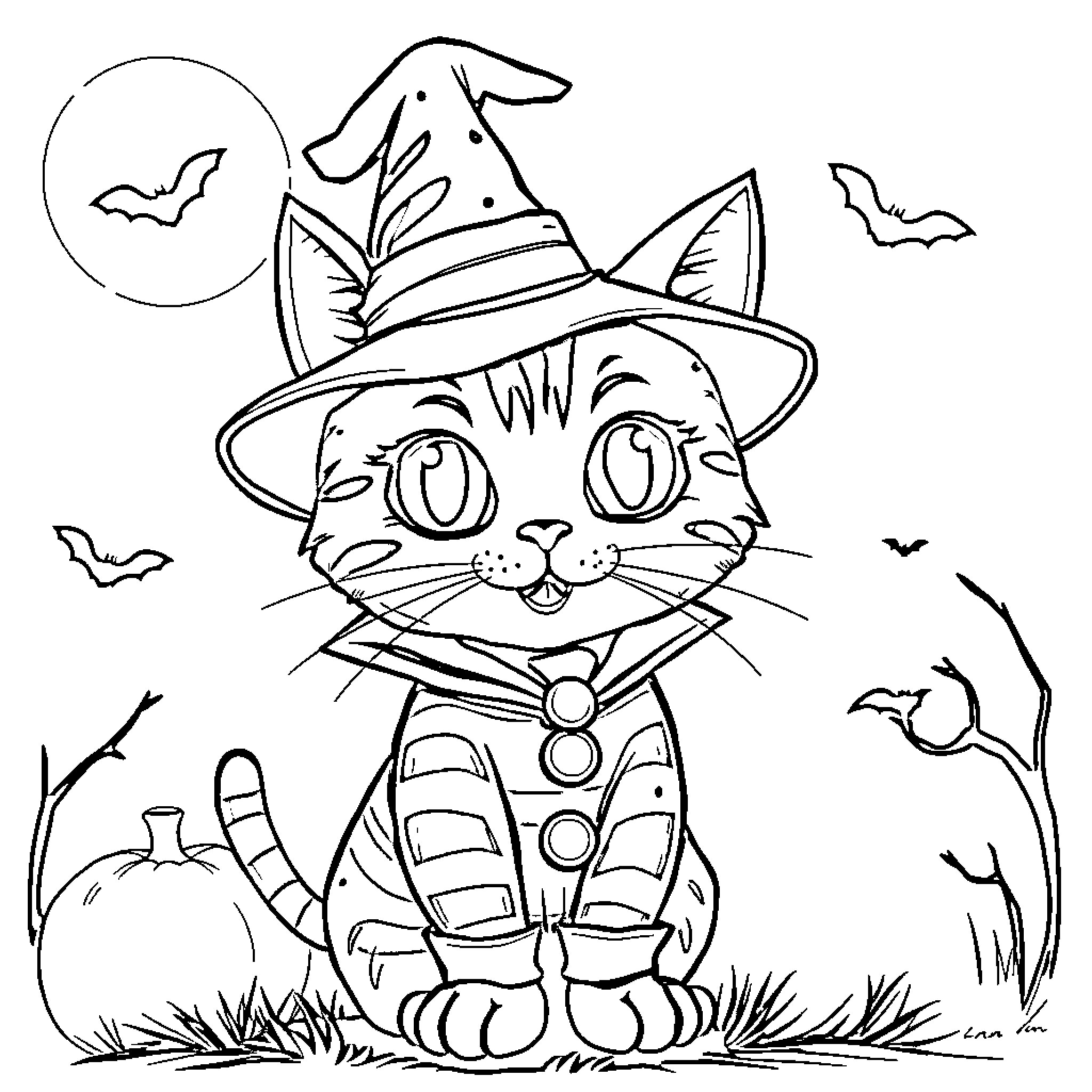 Cat in a Witch's Costume on Halloween Coloring Page (free black-and-white line drawing printable PDF for all, from beginners to advanced learners, including children, teens, adults, and seniors)