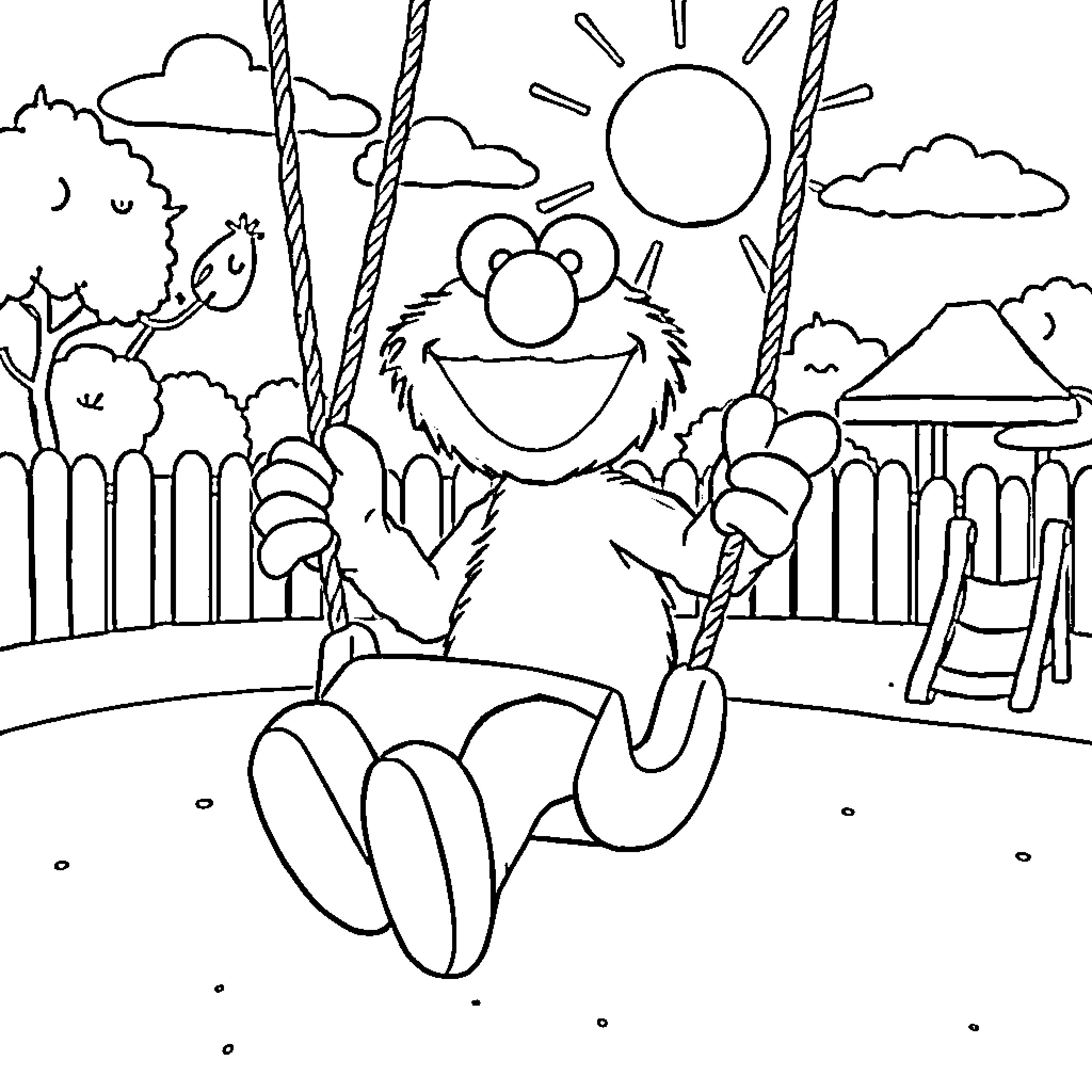 Elmo enjoying a sunny day on the playground Coloring Page (free black-and-white line drawing printable PDF for all, from beginners to advanced learners, including children, teens, adults, and seniors)