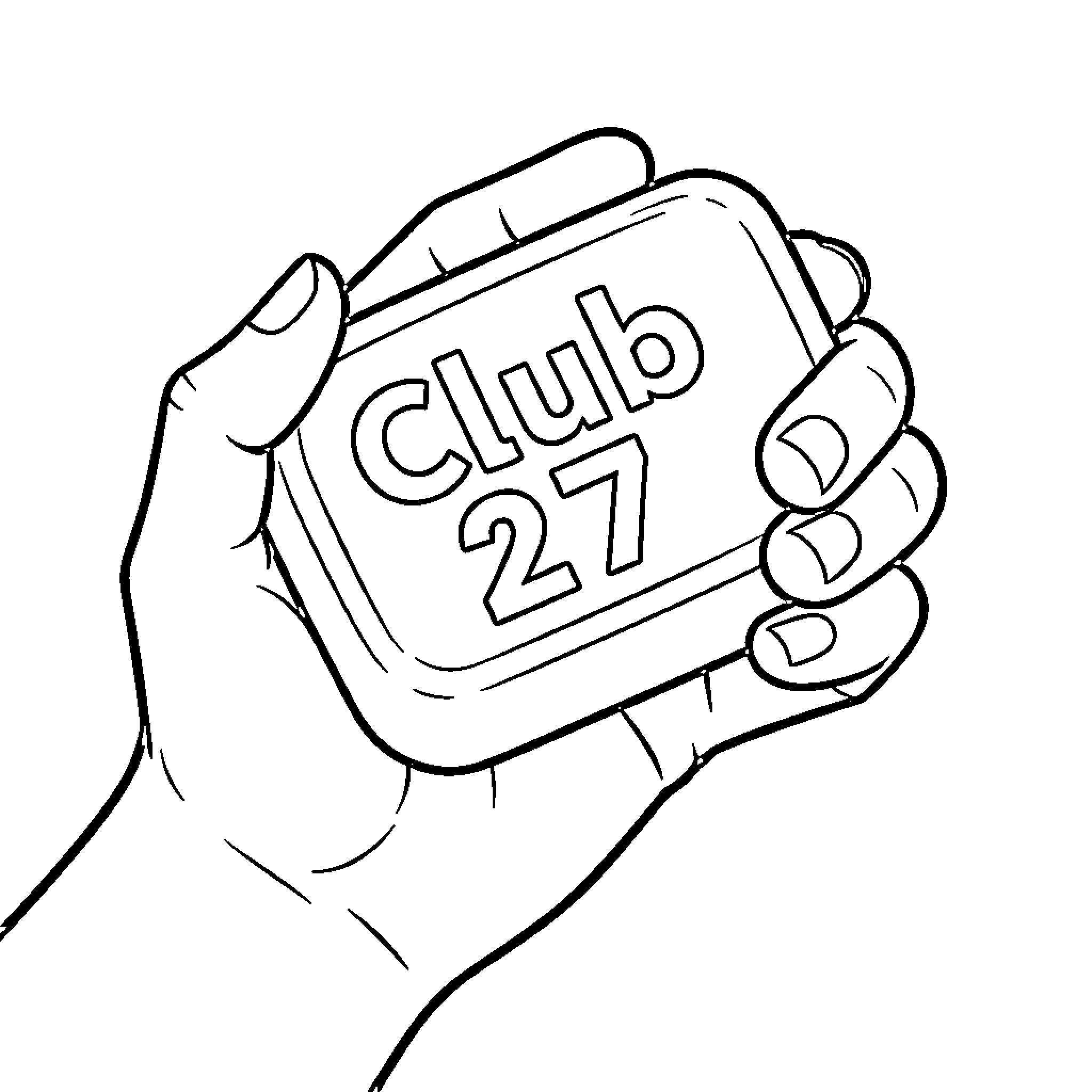 Soap hands holding a card that says Club 27 Coloring Page (free black-and-white line drawing printable PDF for all, from beginners to advanced learners, including children, teens, adults, and seniors)