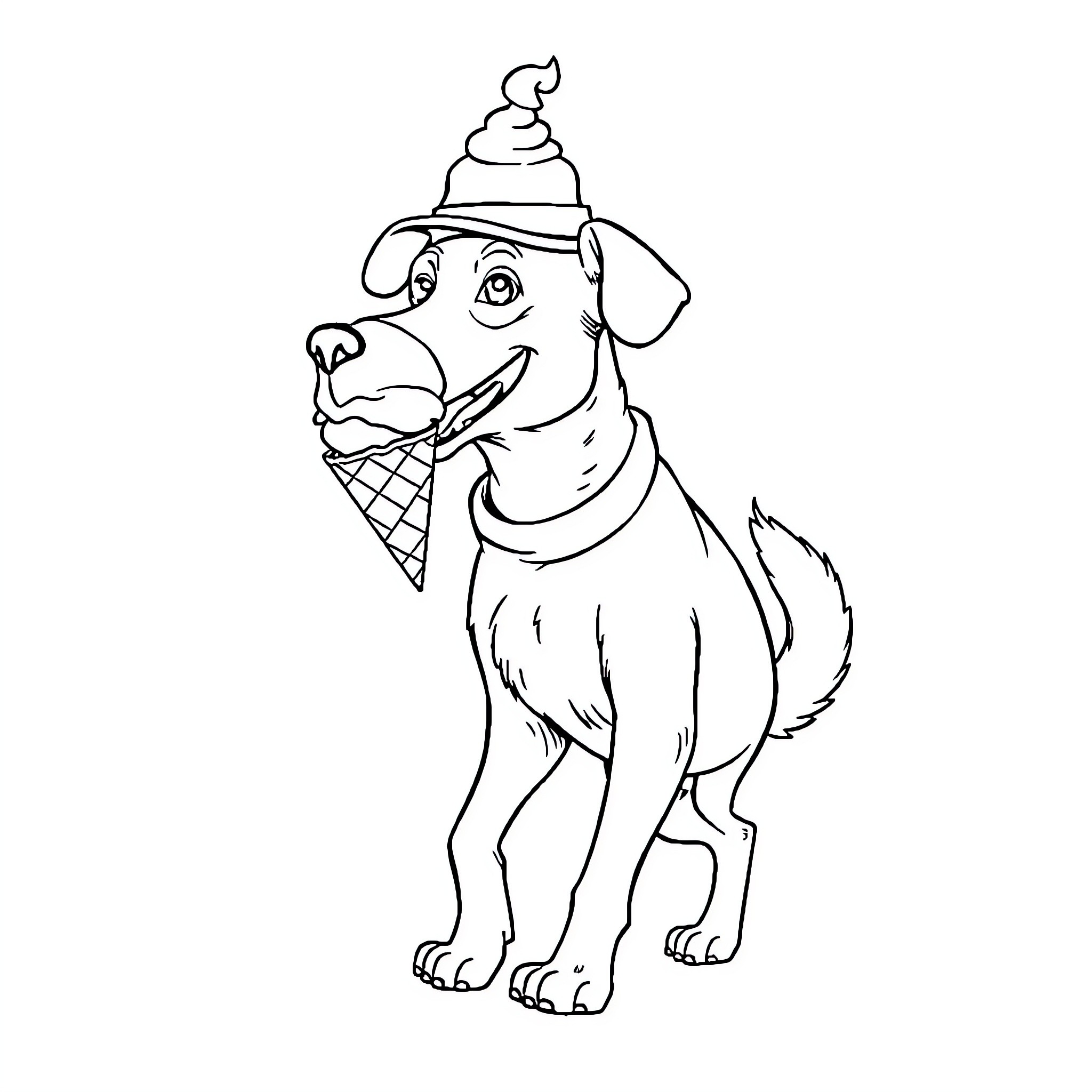 Dog holding an ice cream cone with a hat Coloring Page (free black-and-white line drawing printable PDF for all, from beginners to advanced learners, including children, teens, adults, and seniors)