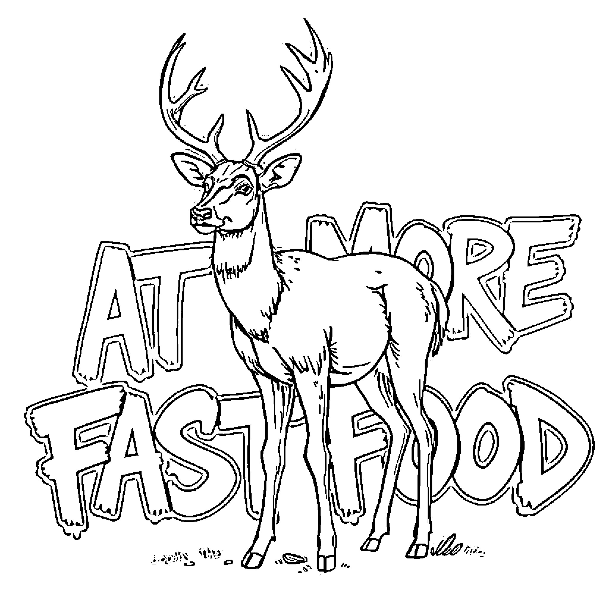 Deer posing with Fast Food signage Coloring Page (free black-and-white line drawing printable PDF for all, from beginners to advanced learners, including children, teens, adults, and seniors)