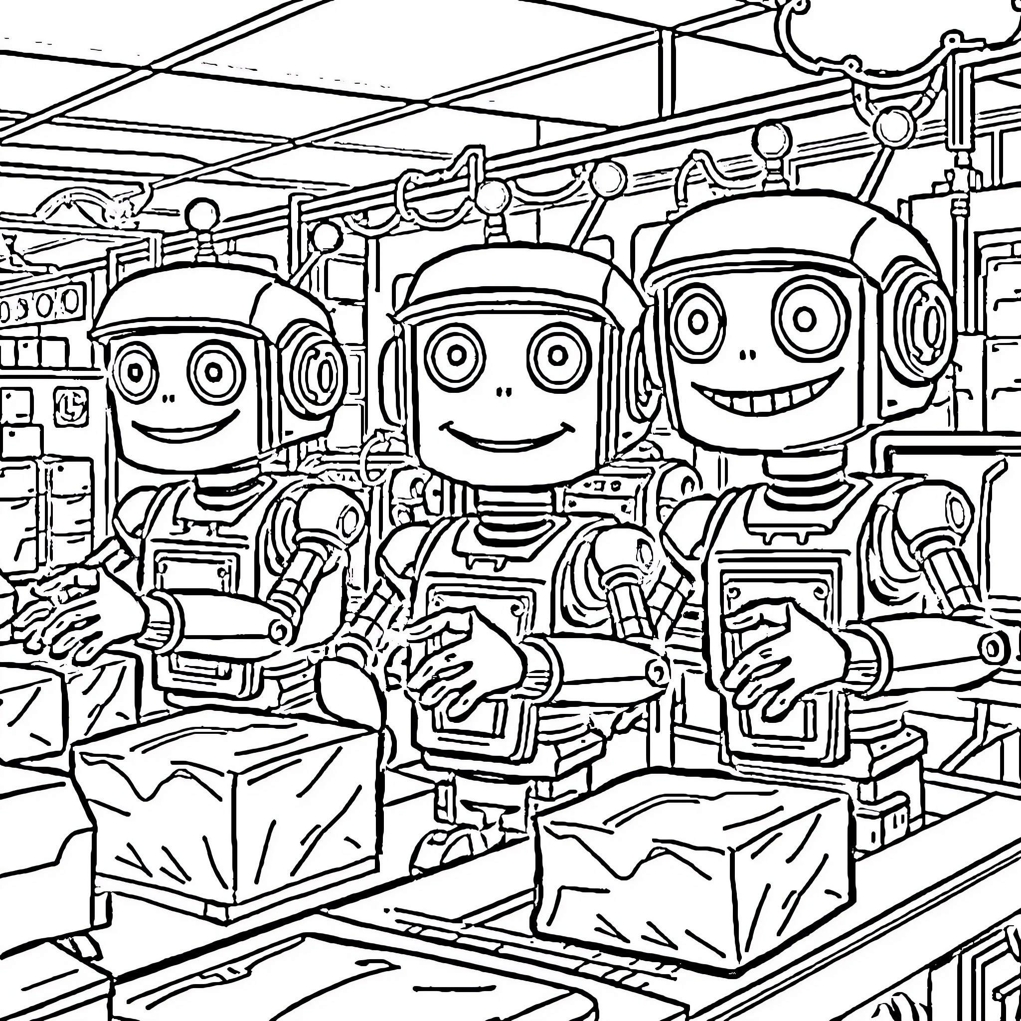 Robot Figures Happily Working in a Futuristic Workshop Coloring Page (free black-and-white line drawing printable PDF for all, from beginners to advanced learners, including children, teens, adults, and seniors)
