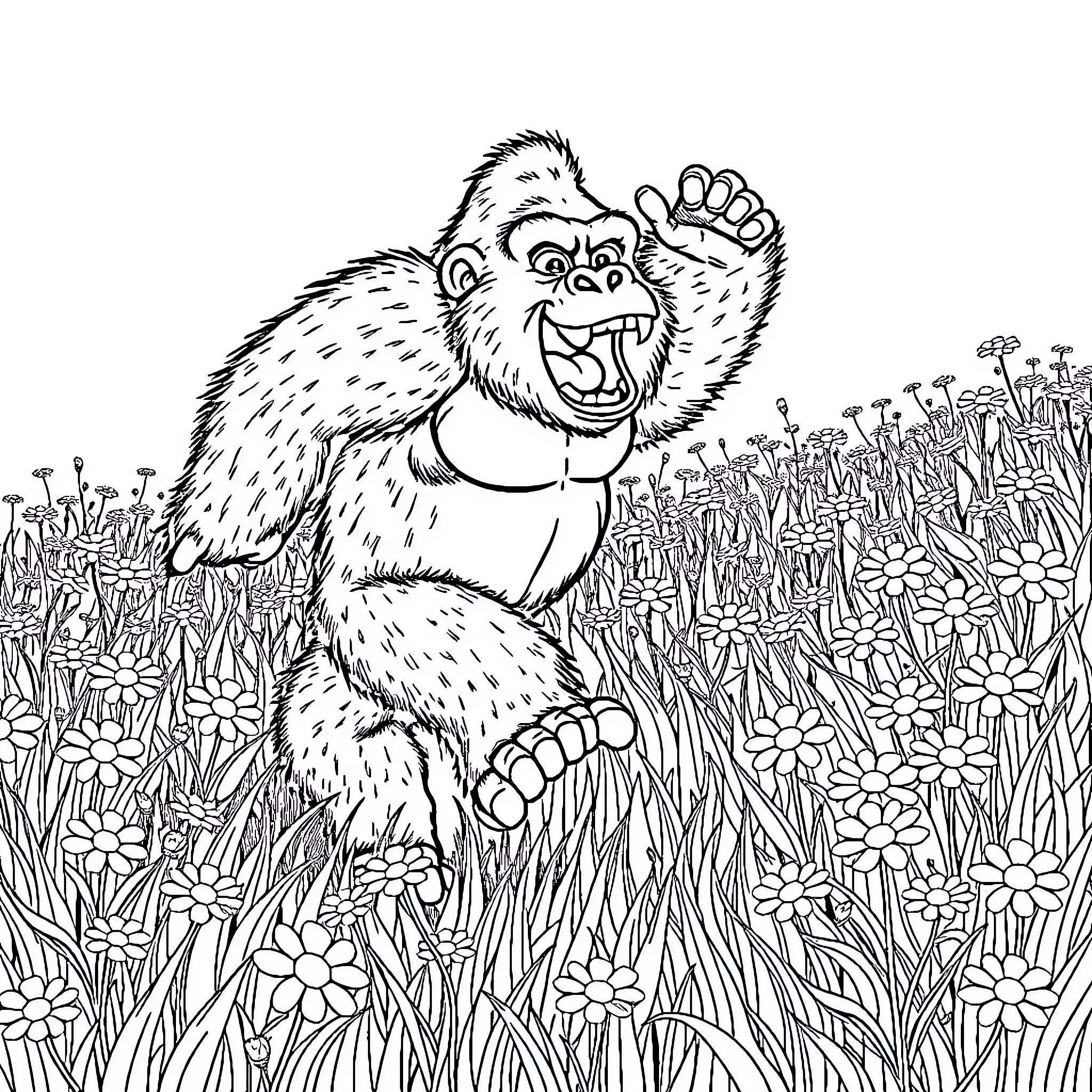 King Kong playing happily in the meadow Coloring Page (free black-and-white line drawing printable PDF for all, from beginners to advanced learners, including children, teens, adults, and seniors)