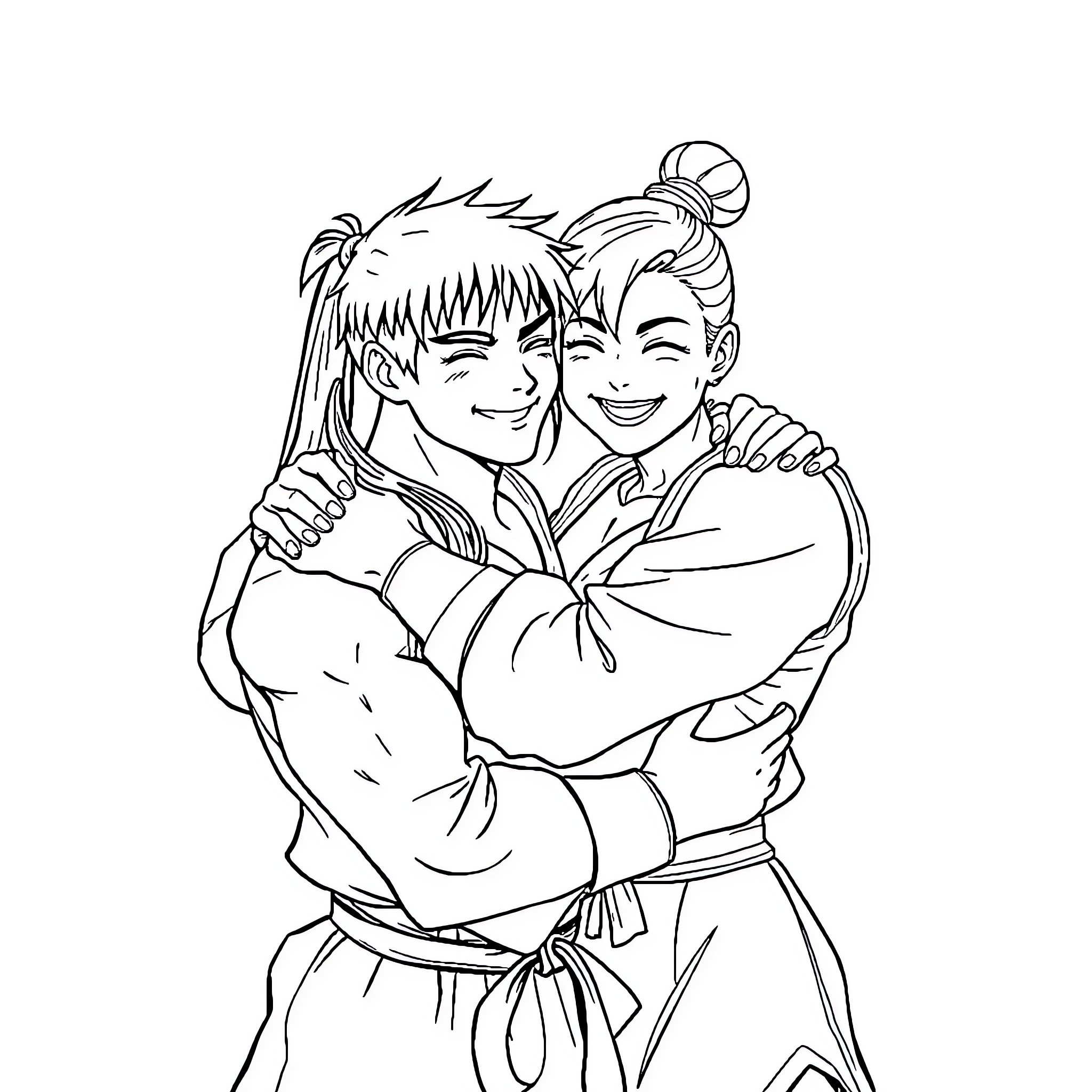 Ryu's Joyful Embrace Coloring Page (free black-and-white line drawing printable PDF for all, from beginners to advanced learners, including children, teens, adults, and seniors)