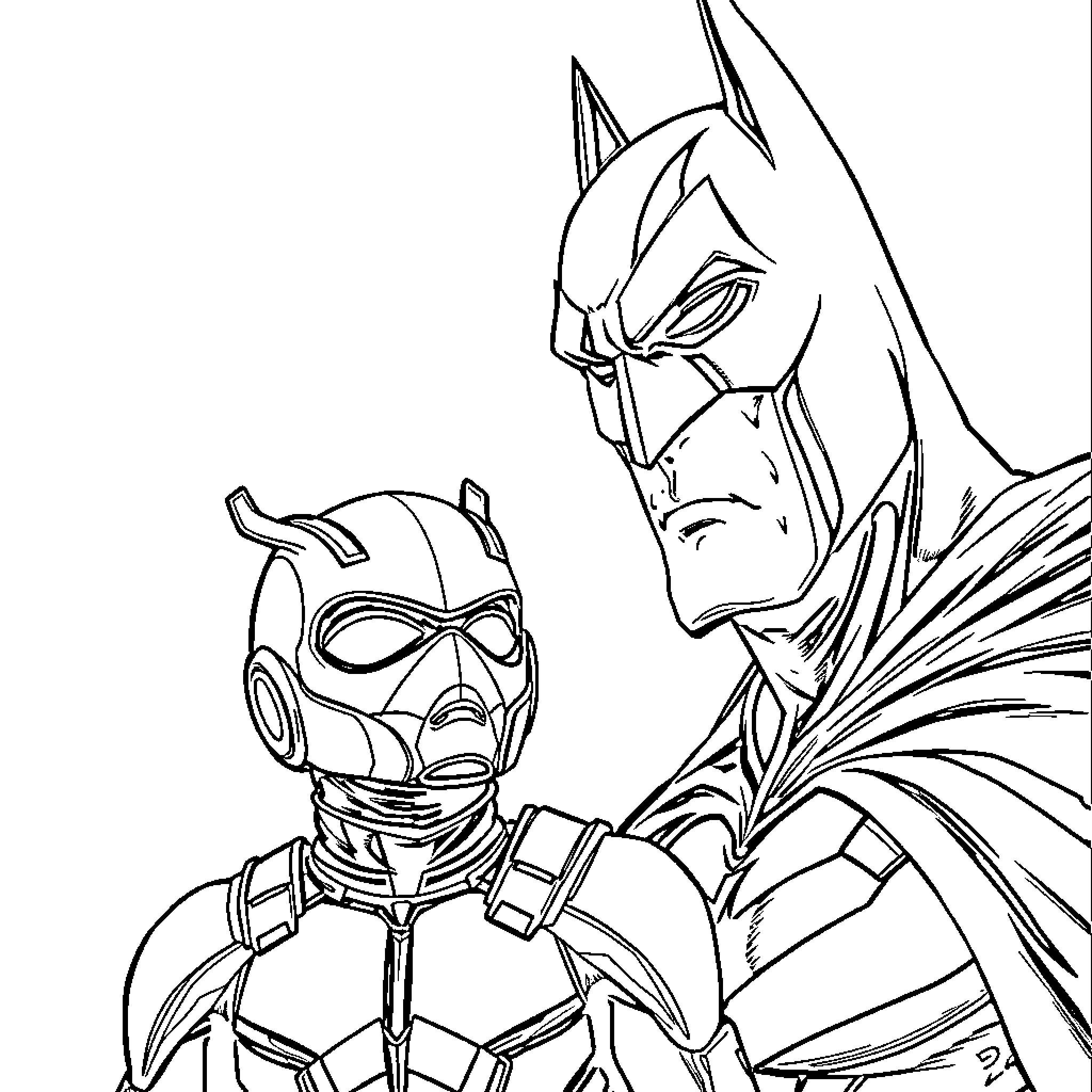 Antman and Batman: Teamwork in action Coloring Page (free black-and-white line drawing printable PDF for all, from beginners to advanced learners, including children, teens, adults, and seniors)