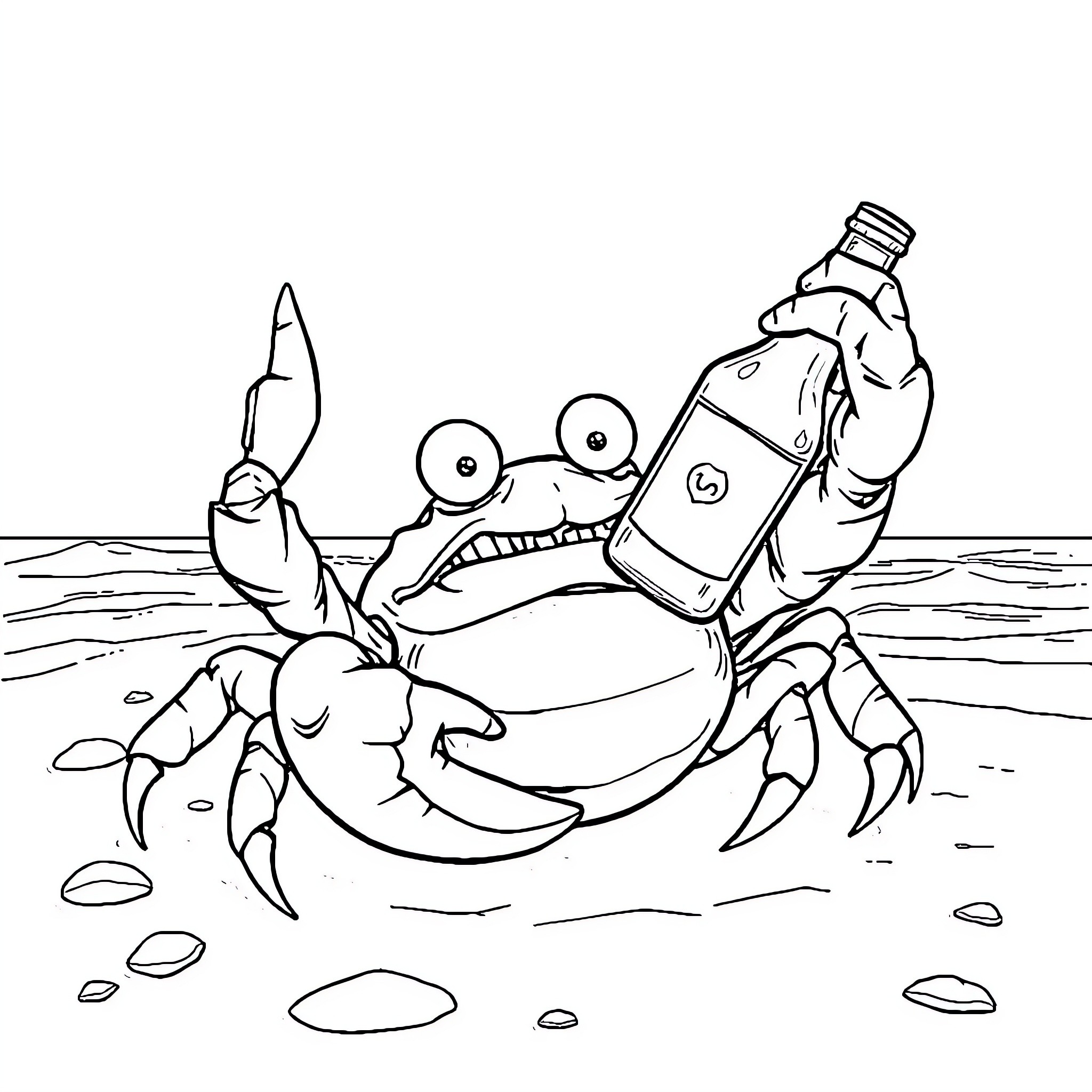 Crab mischievously playing with a bottle on the shore Coloring Page (free black-and-white line drawing printable PDF for all, from beginners to advanced learners, including children, teens, adults, and seniors)
