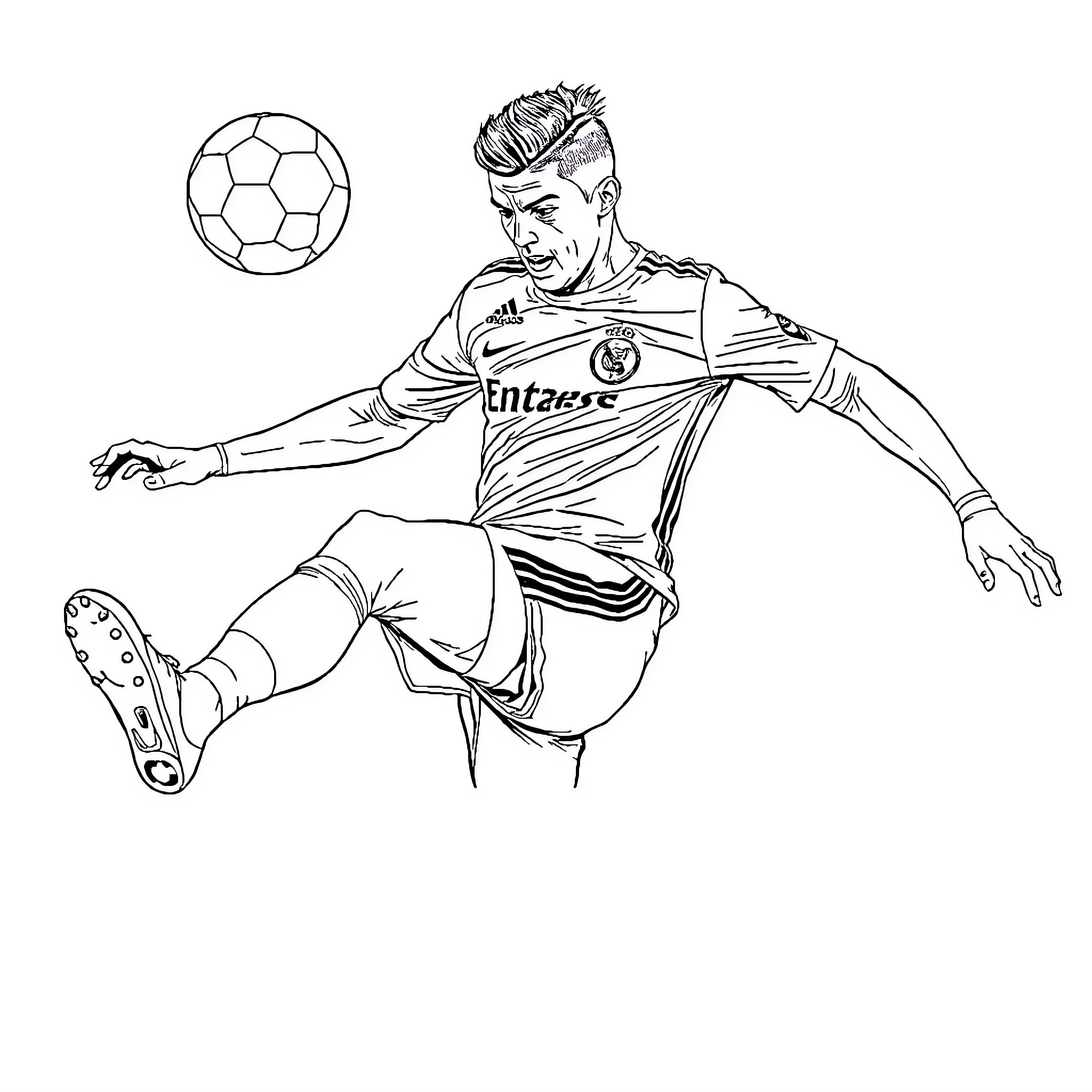 Cristiano Ronaldo kicking soccer ball with passion Coloring Page (free black-and-white line drawing printable PDF for all, from beginners to advanced learners, including children, teens, adults, and seniors)