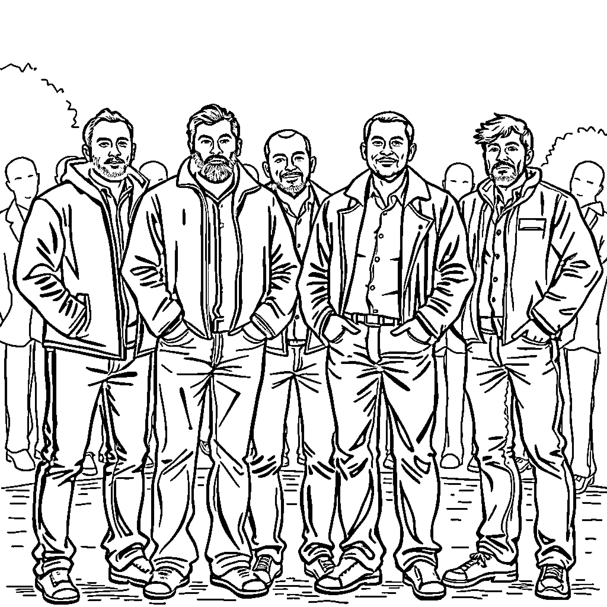 Man standing in a group of people outdoors Coloring Page (free black-and-white line drawing printable PDF for all, from beginners to advanced learners, including children, teens, adults, and seniors)