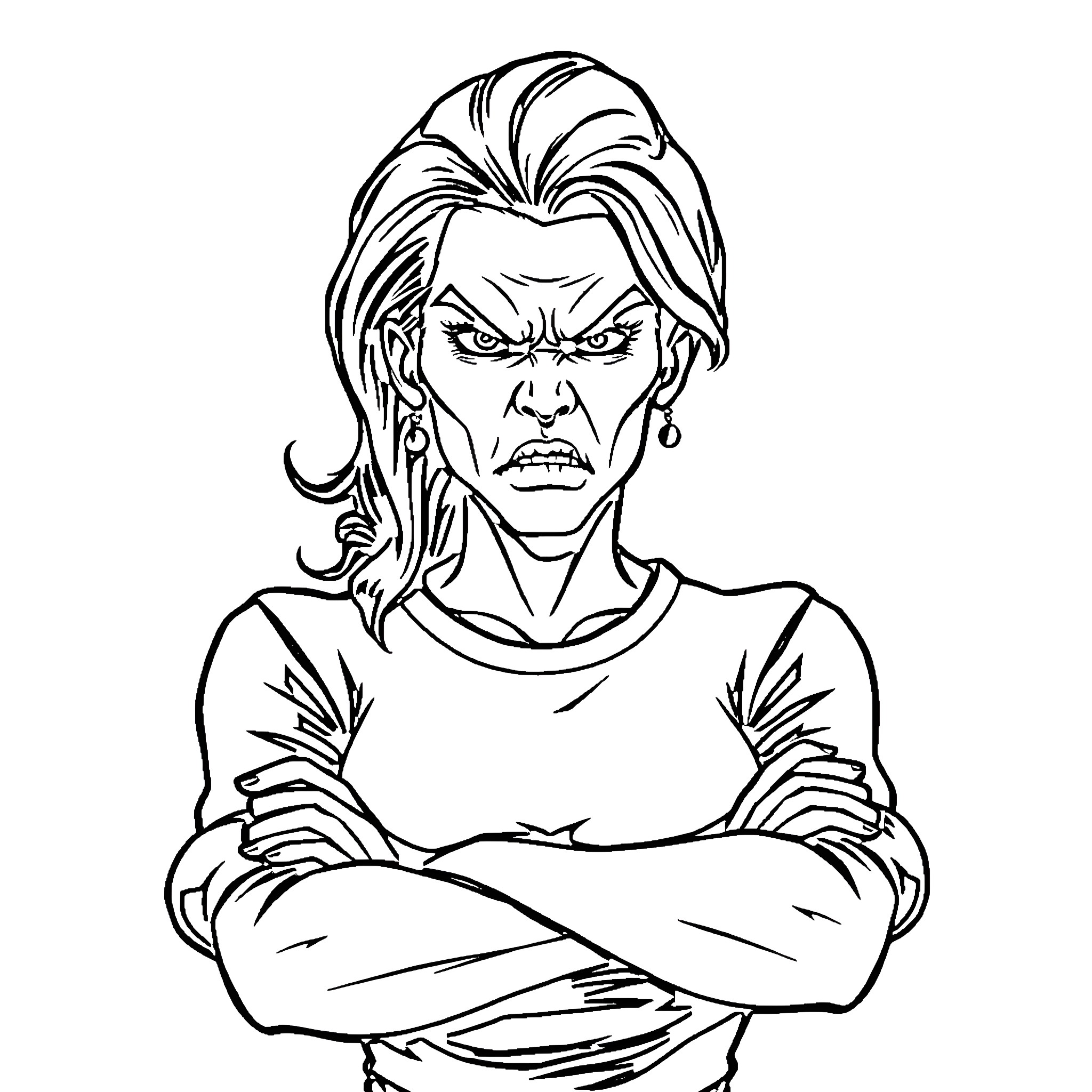 Woman with stern expression and crossed arms Coloring Page (free black-and-white line drawing printable PDF for all, from beginners to advanced learners, including children, teens, adults, and seniors)