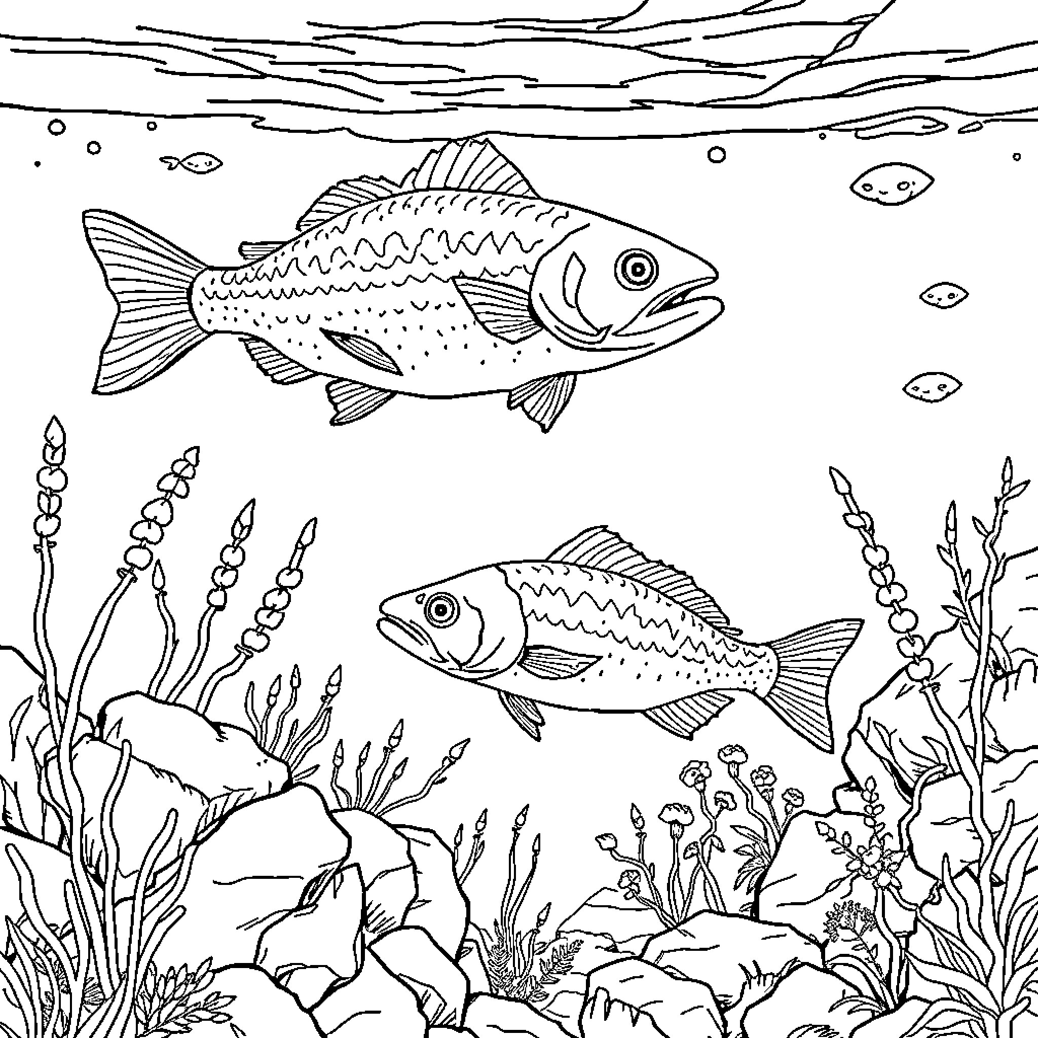 Fish swimming in the underwater scene Coloring Page (free black-and-white line drawing printable PDF for all, from beginners to advanced learners, including children, teens, adults, and seniors)