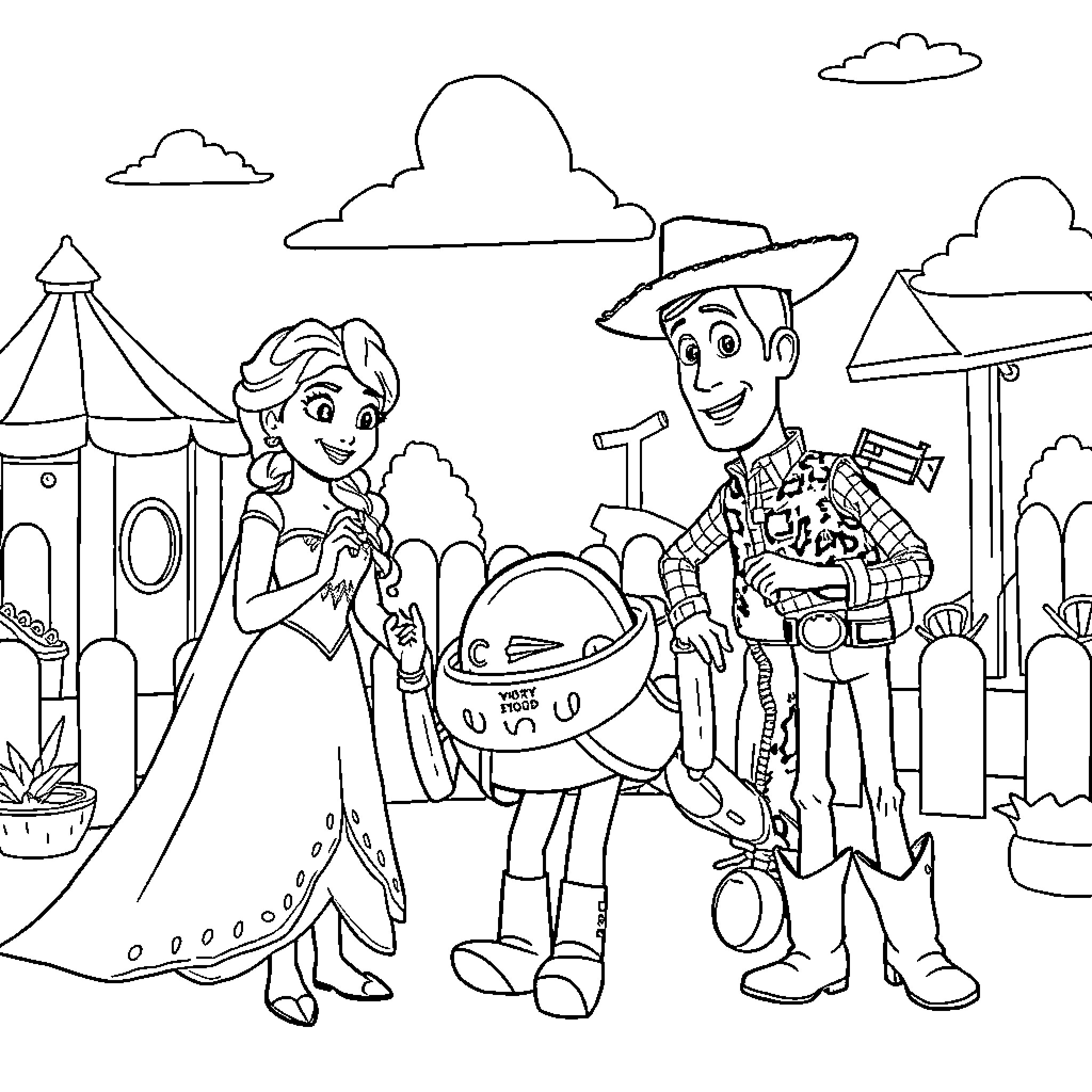 Anna and Elsa's Fun Day at the Carnival Coloring Page (free black-and-white line drawing printable PDF for all, from beginners to advanced learners, including children, teens, adults, and seniors)