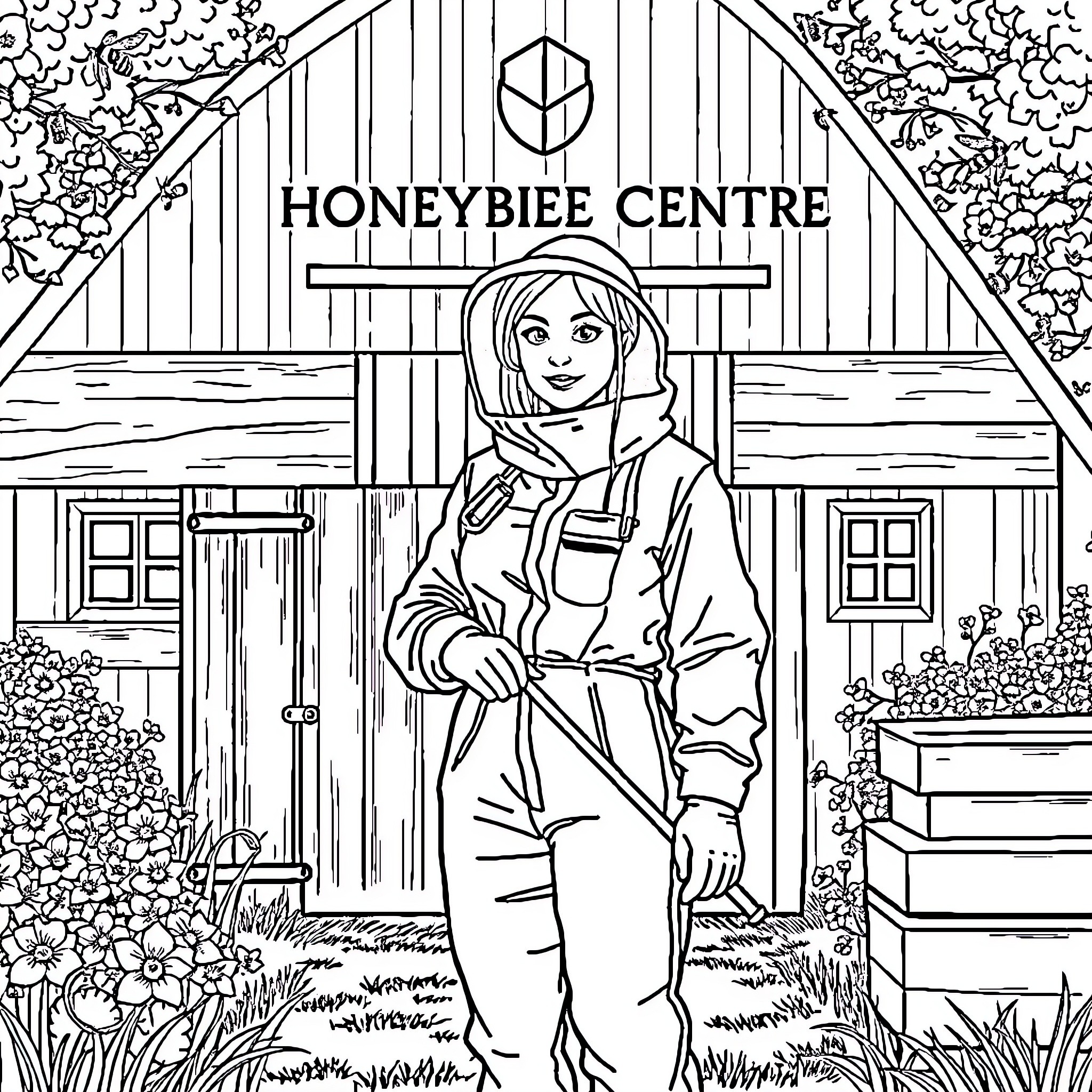 Beekeeper stands in front of the Honeybee Centre Coloring Page (free black-and-white line drawing printable PDF for all, from beginners to advanced learners, including children, teens, adults, and seniors)