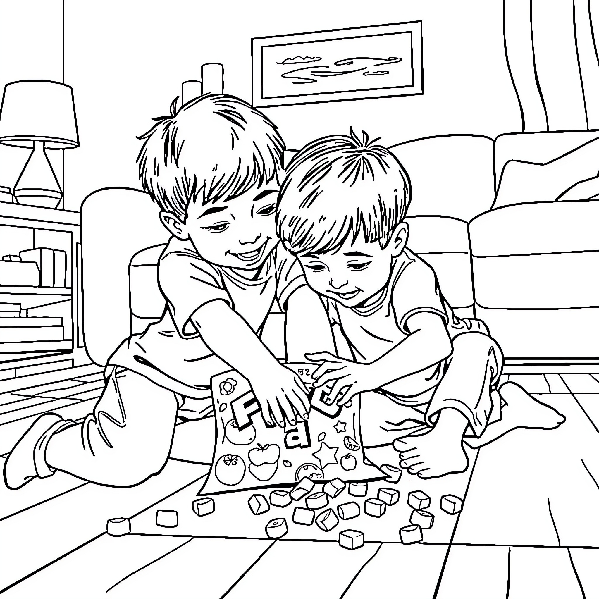Brothers playing with blocks on the living room floor Coloring Page (free black-and-white line drawing printable PDF for all, from beginners to advanced learners, including children, teens, adults, and seniors)