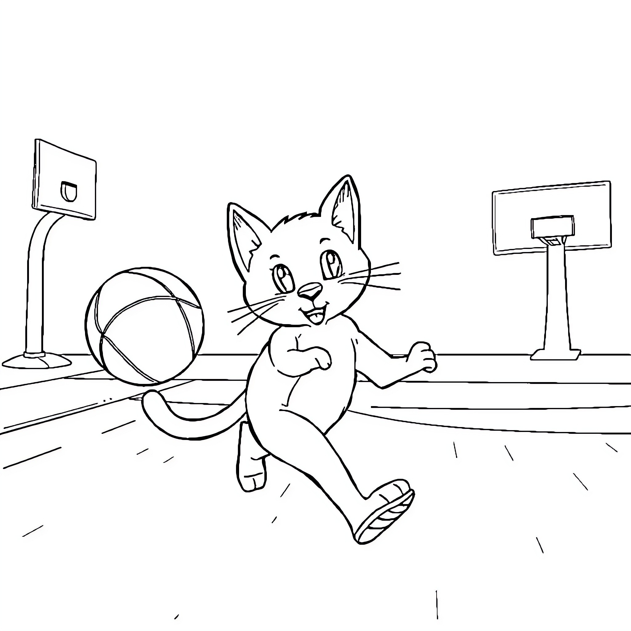 Cat playing basketball in the gym Coloring Page (free black-and-white line drawing printable PDF for all, from beginners to advanced learners, including children, teens, adults, and seniors)