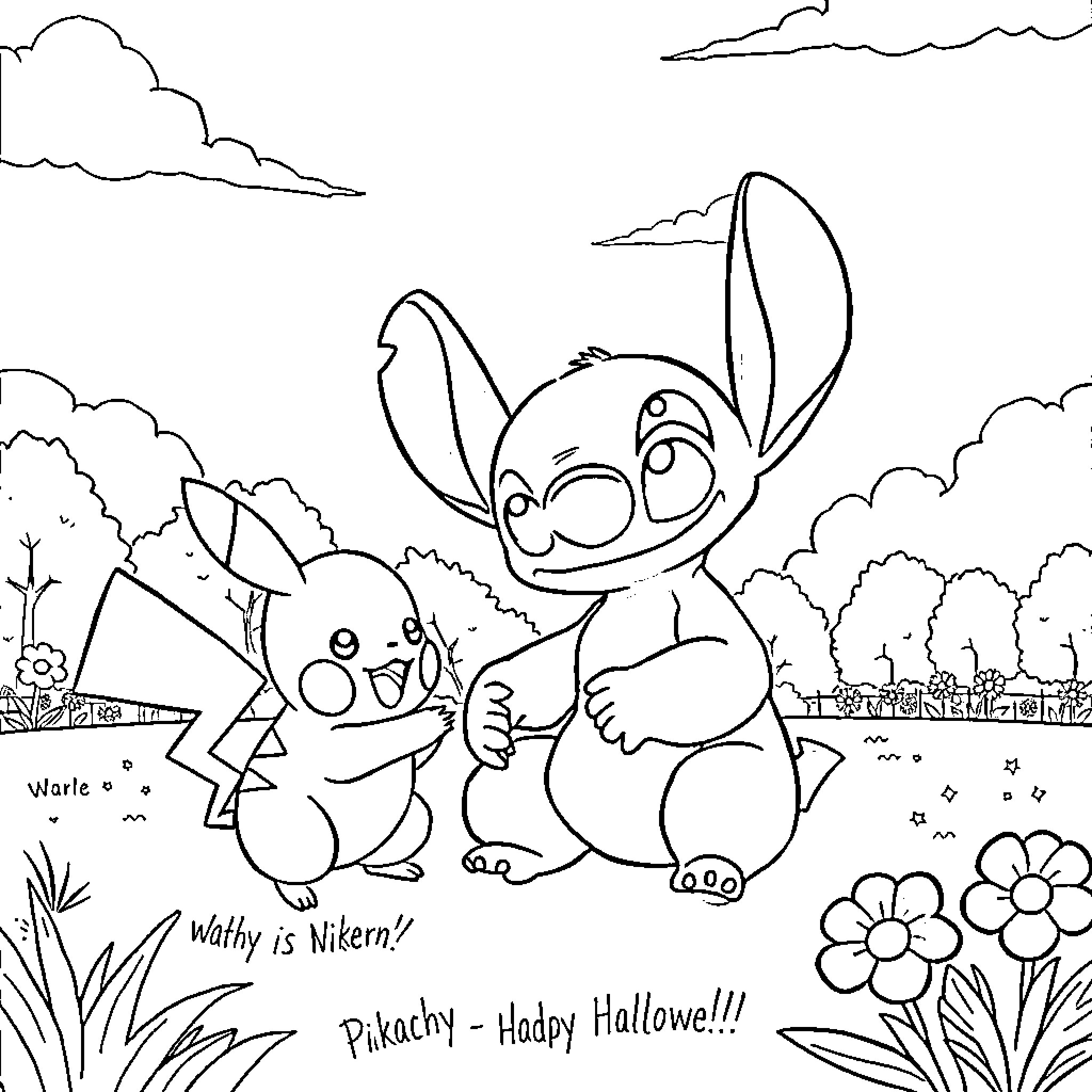 Stitch and Pikachy Enjoying Halloween Together Coloring Page (free black-and-white line drawing printable PDF for all, from beginners to advanced learners, including children, teens, adults, and seniors)