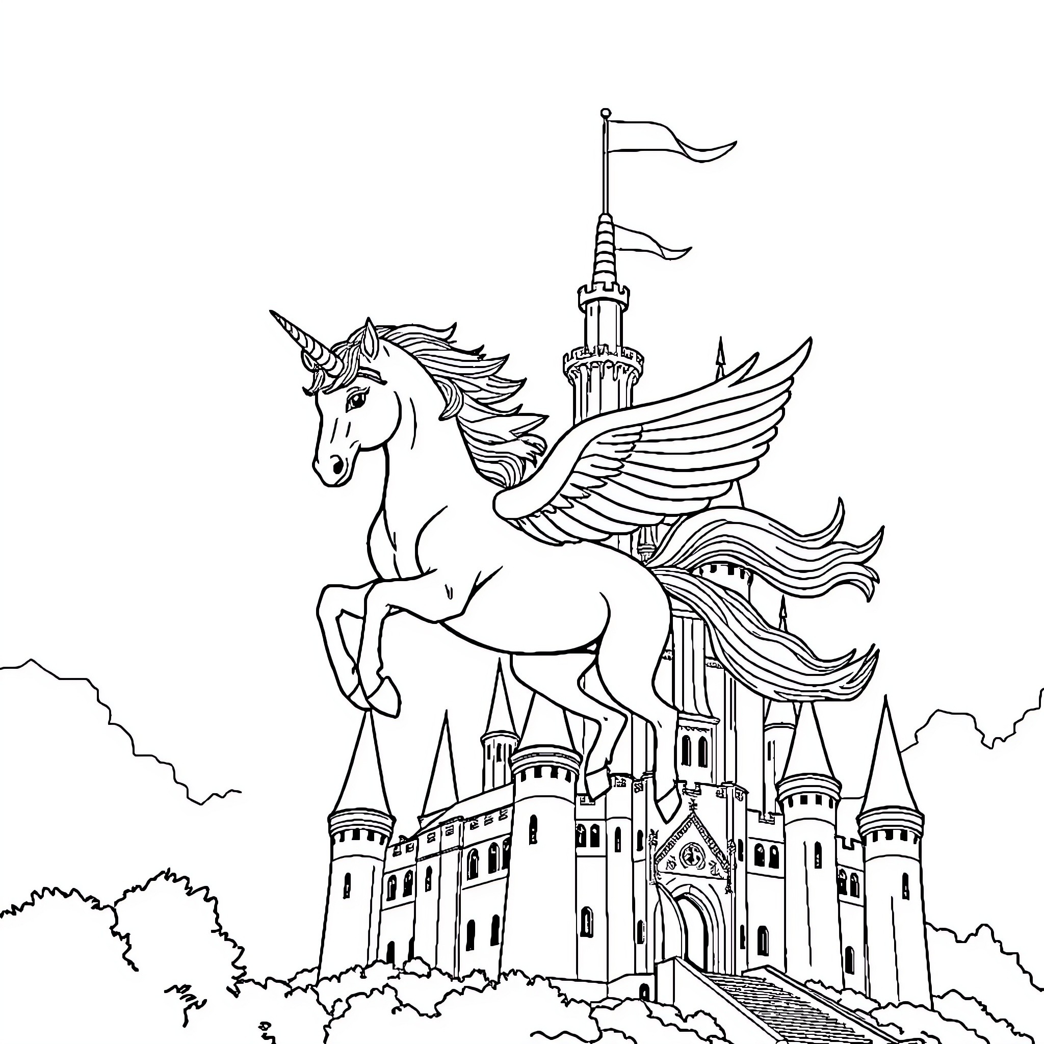 Unicorn with Wings Flying Over a Magical Castle Coloring Page (free black-and-white line drawing printable PDF for all, from beginners to advanced learners, including children, teens, adults, and seniors)
