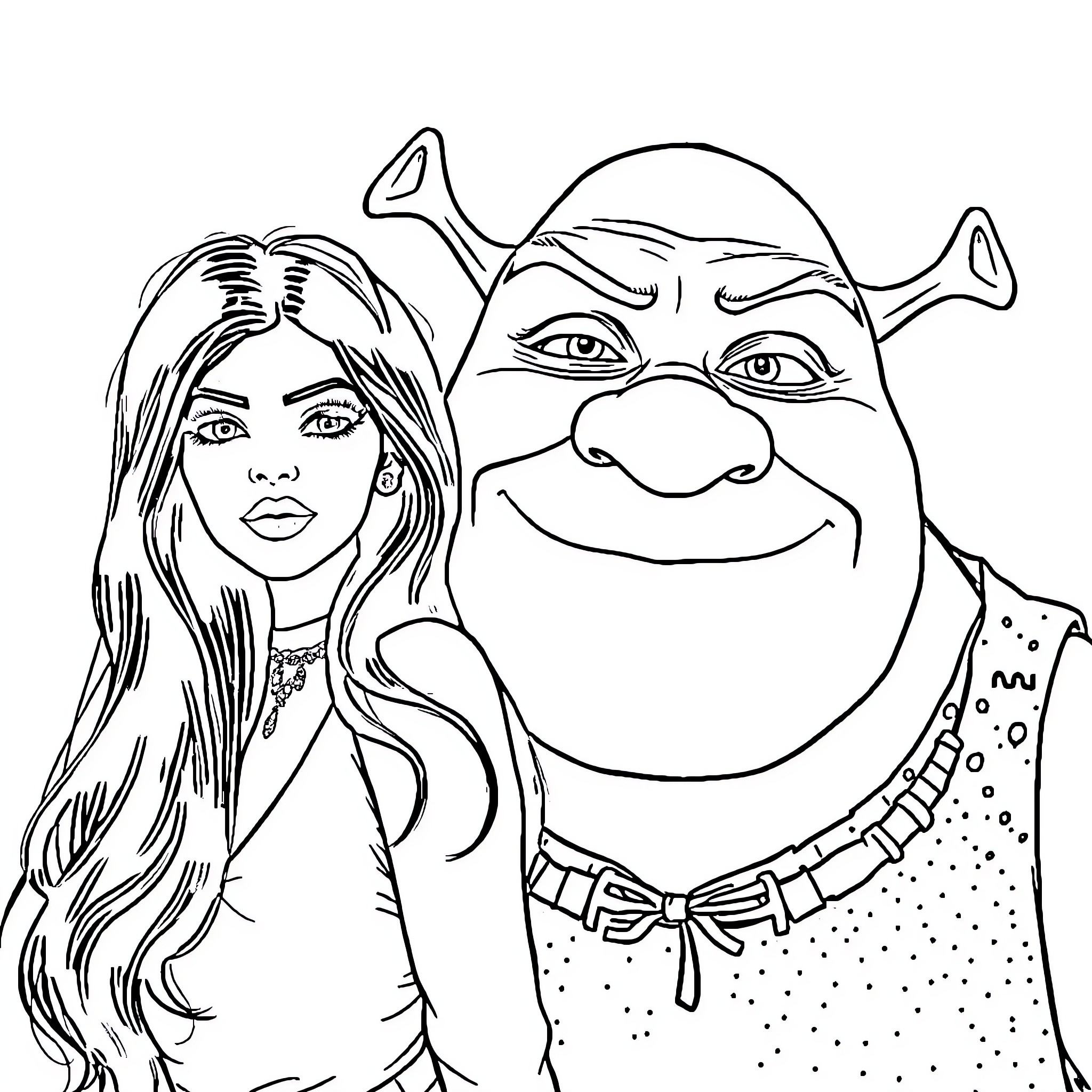 Kylie Jenner and Shrek in Friendly Embrace Coloring Page (free black-and-white line drawing printable PDF for all, from beginners to advanced learners, including children, teens, adults, and seniors)