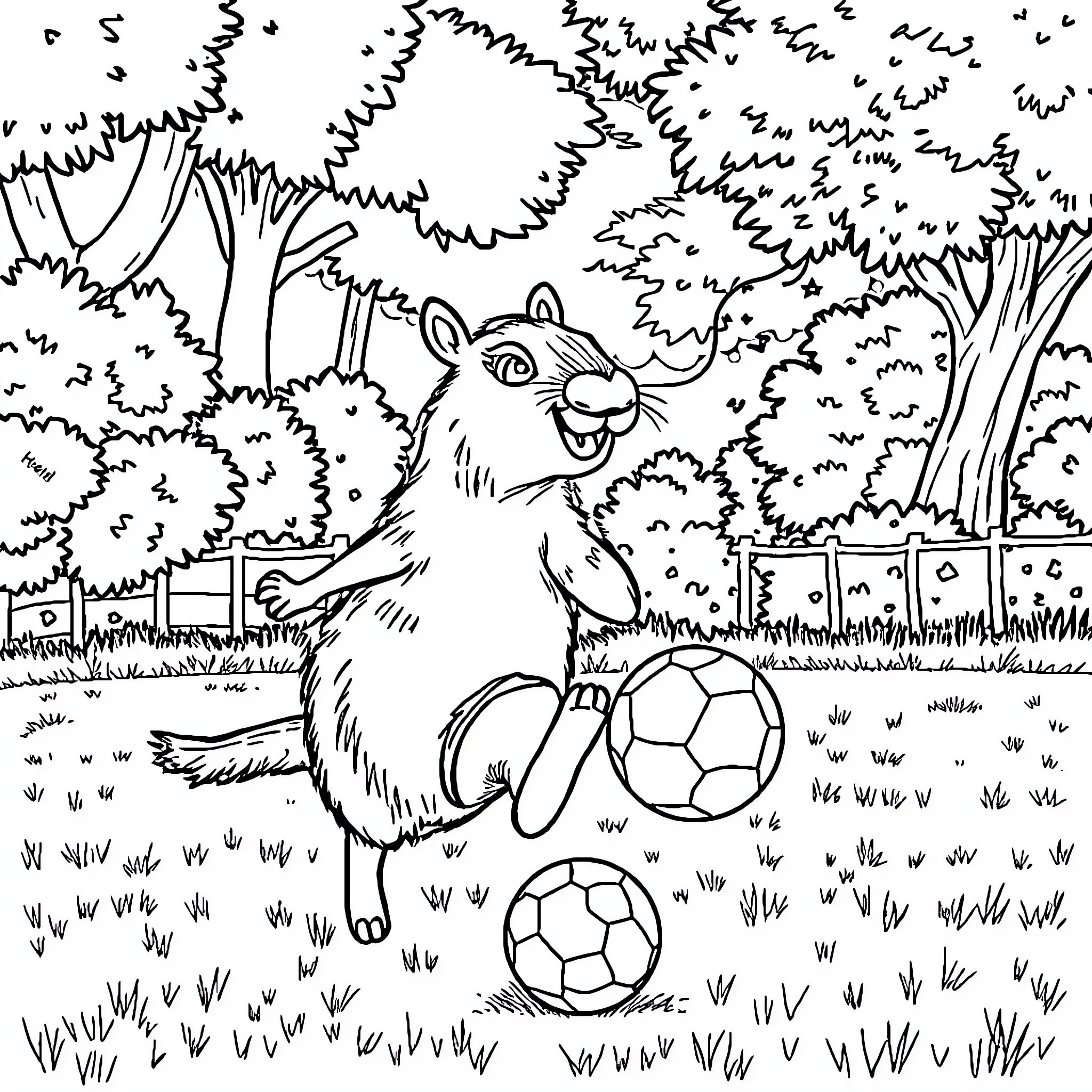 Capybara playing with soccer balls in the forest Coloring Page (free black-and-white line drawing printable PDF for all, from beginners to advanced learners, including children, teens, adults, and seniors)