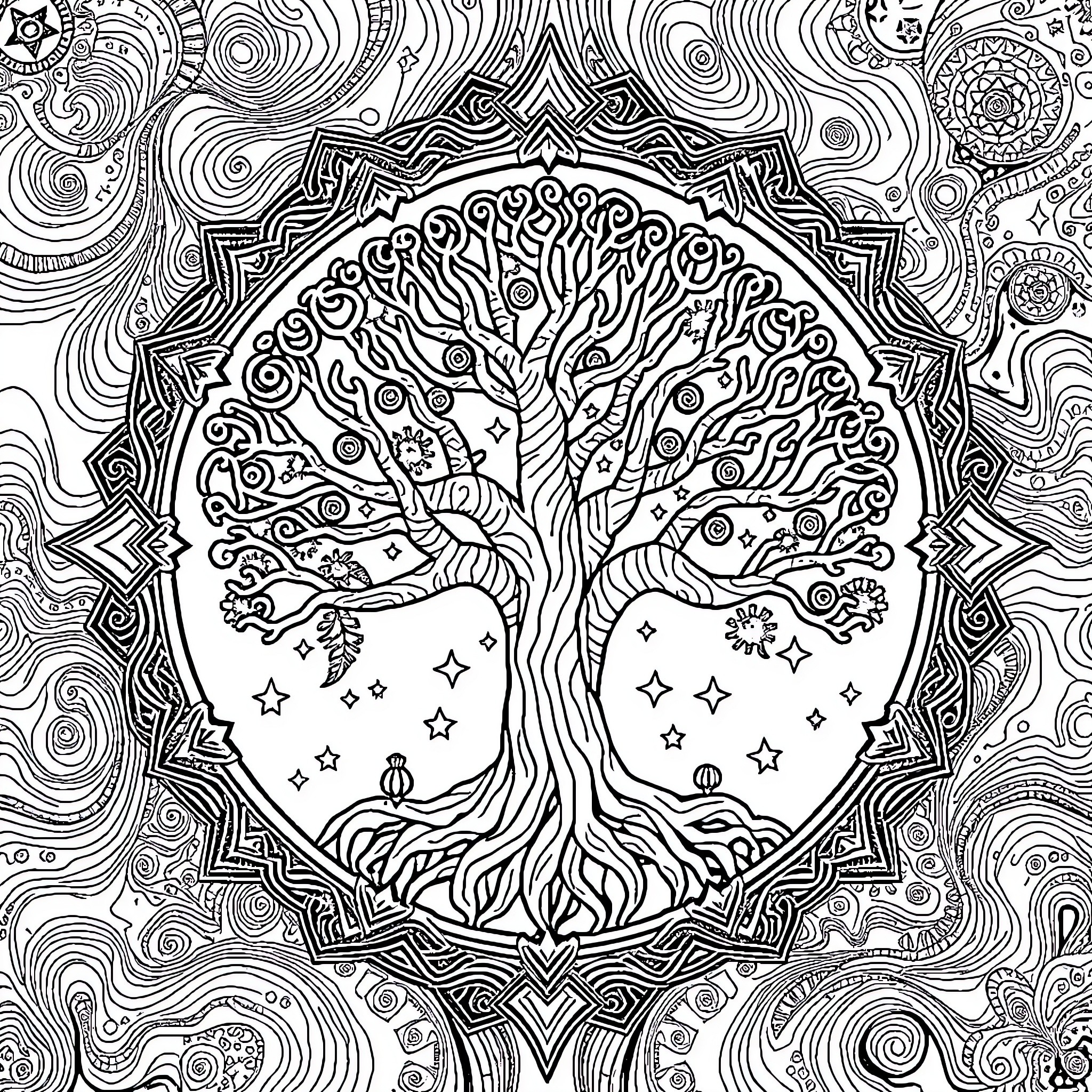 Tree of Life with Intricate Patterns and Symbols Coloring Page (free black-and-white line drawing printable PDF for all, from beginners to advanced learners, including children, teens, adults, and seniors)