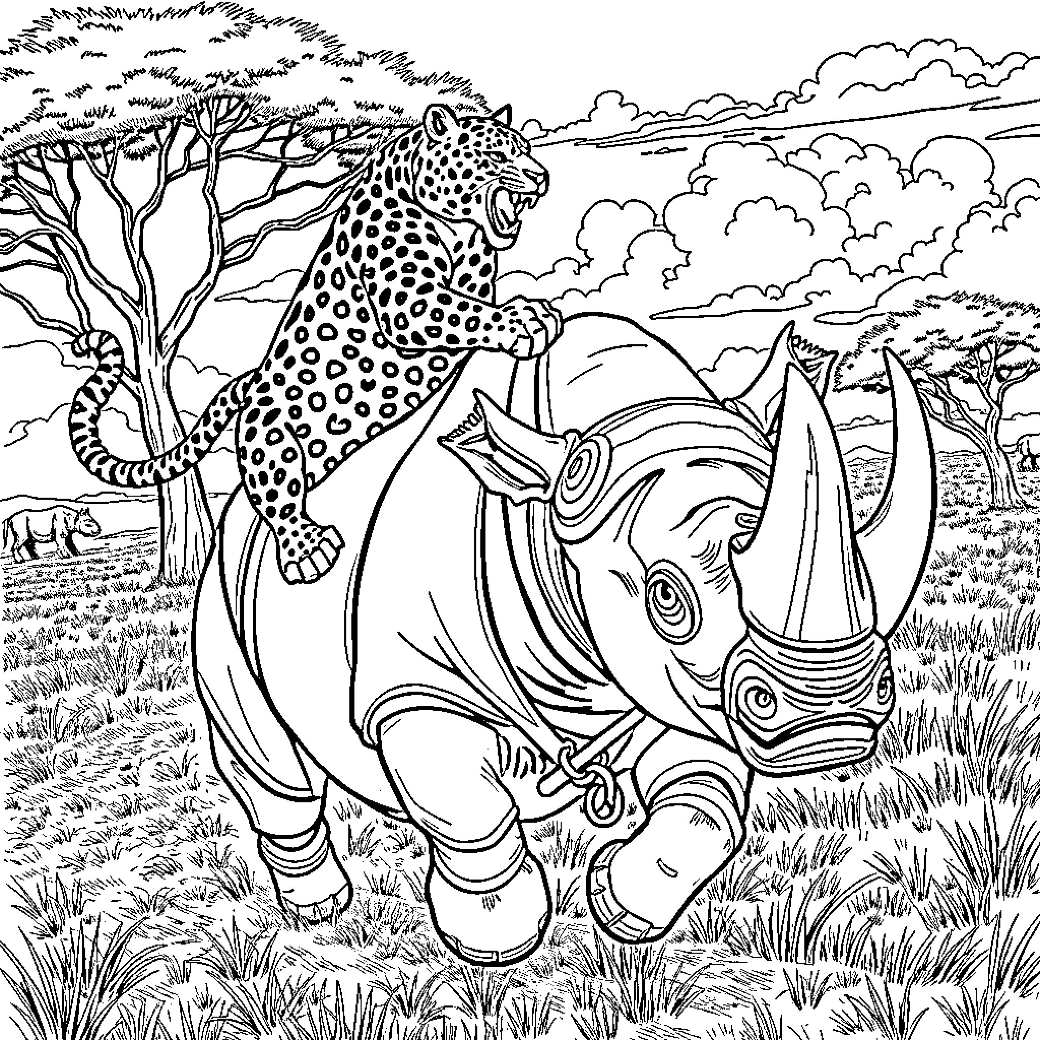 Jaguar and Rhinocero Coexisting in the Wild Coloring Page (free black-and-white line drawing printable PDF for all, from beginners to advanced learners, including children, teens, adults, and seniors)
