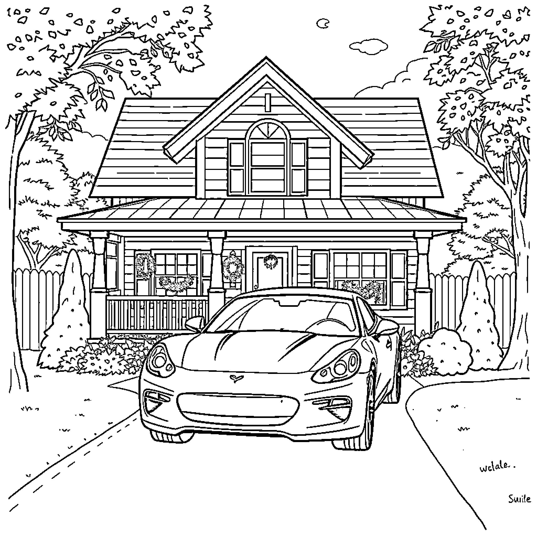 House with sports car in driveway Coloring Page (free black-and-white line drawing printable PDF for all, from beginners to advanced learners, including children, teens, adults, and seniors)