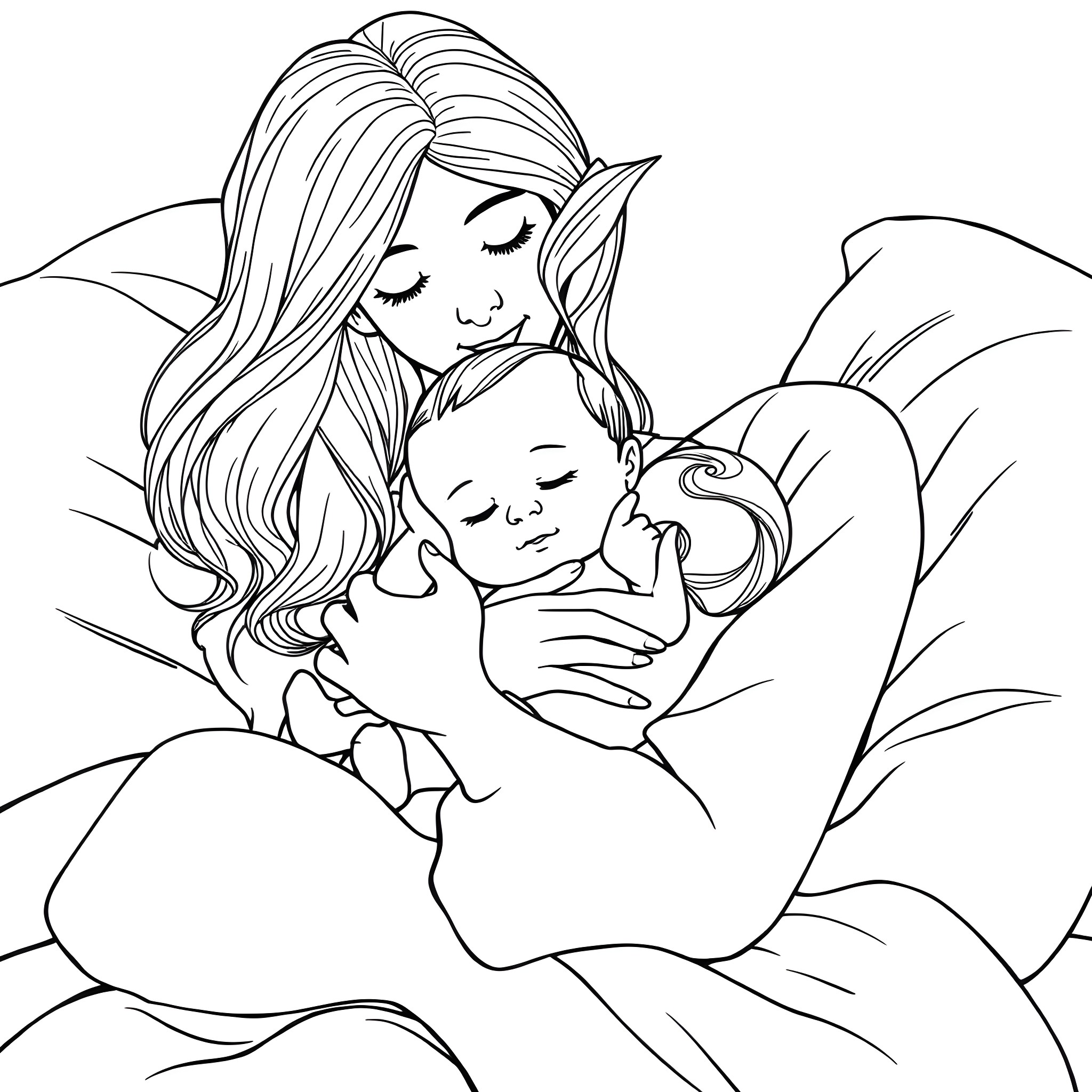 Mother gently holding her sleeping child Coloring Page (free black-and-white line drawing printable PDF for all, from beginners to advanced learners, including children, teens, adults, and seniors)