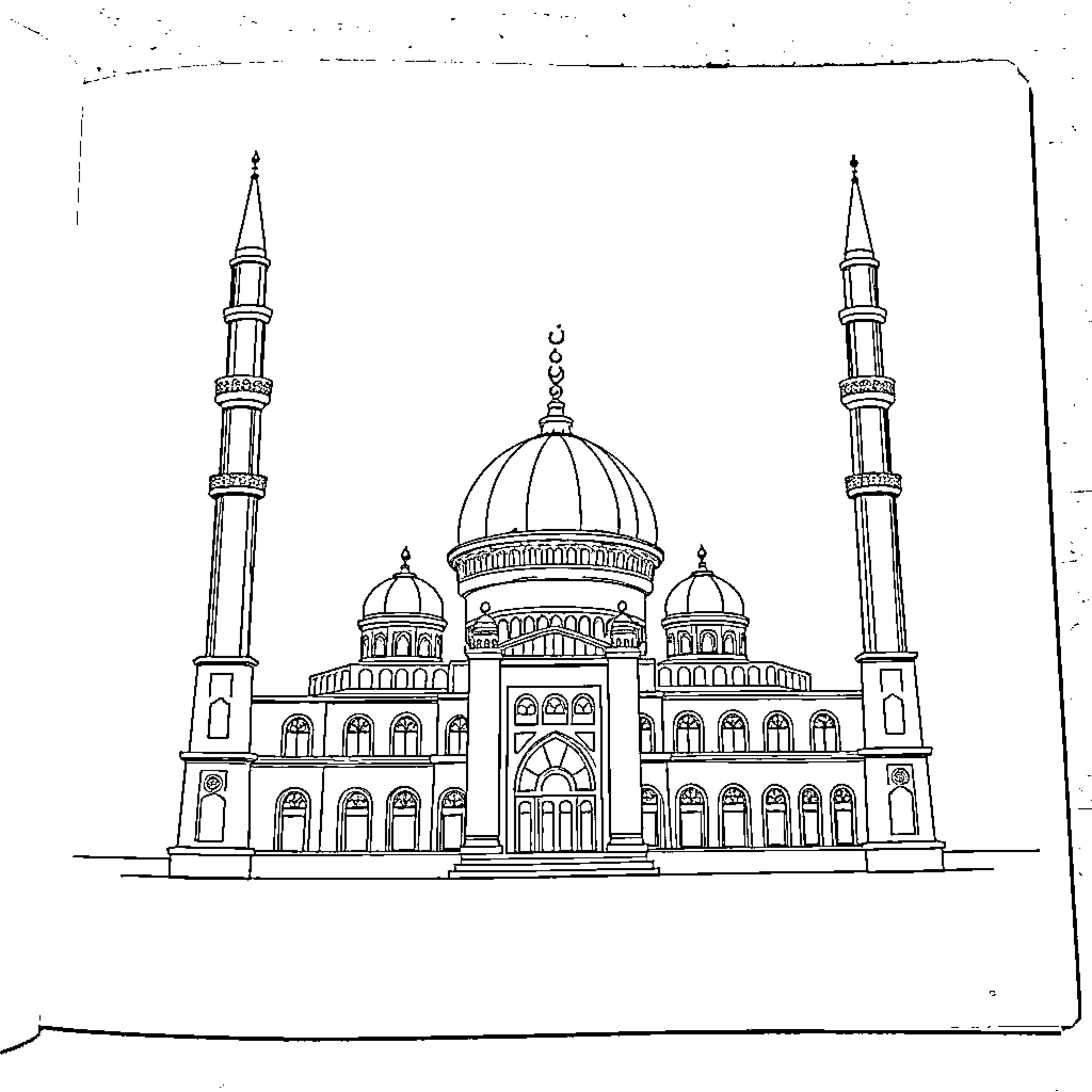Mosque with Ornate Domes and Minarets Coloring Page (free black-and-white line drawing printable PDF for all, from beginners to advanced learners, including children, teens, adults, and seniors)