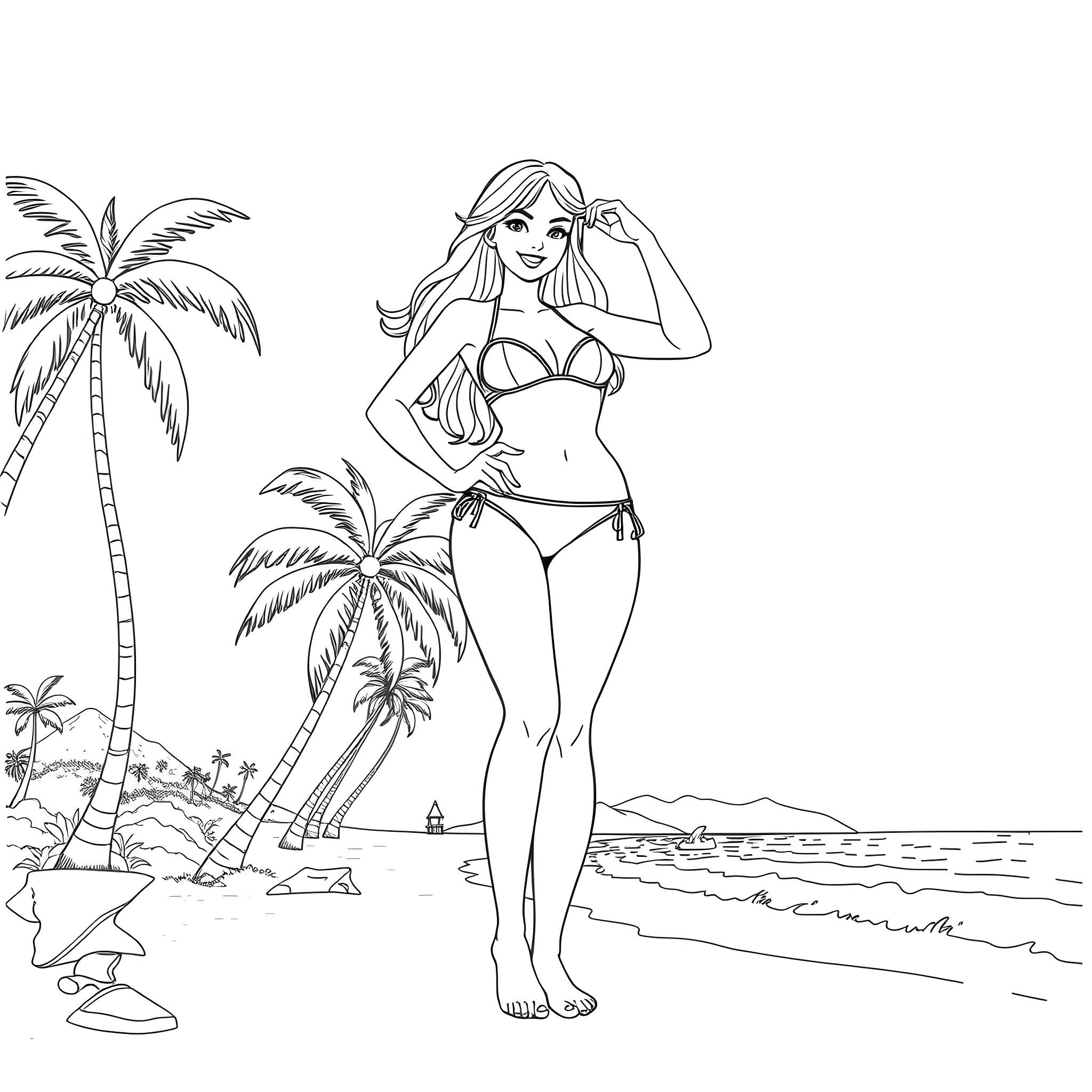 Giantess Relaxing on the Beach in Bikini Coloring Page (free black-and-white line drawing printable PDF for all, from beginners to advanced learners, including children, teens, adults, and seniors)