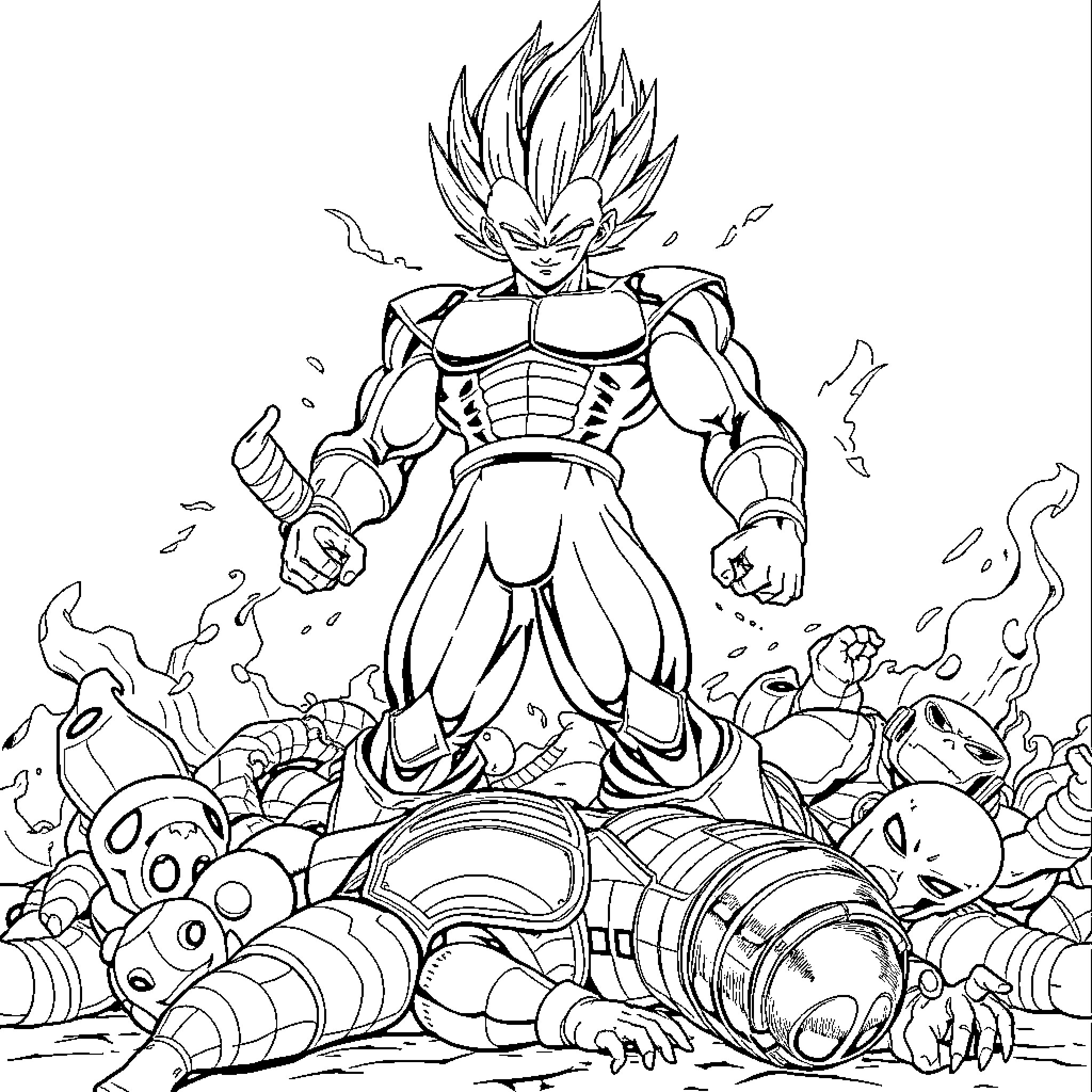 Vegeta's Fierce Battle Against Foes Coloring Page (free black-and-white line drawing printable PDF for all, from beginners to advanced learners, including children, teens, adults, and seniors)