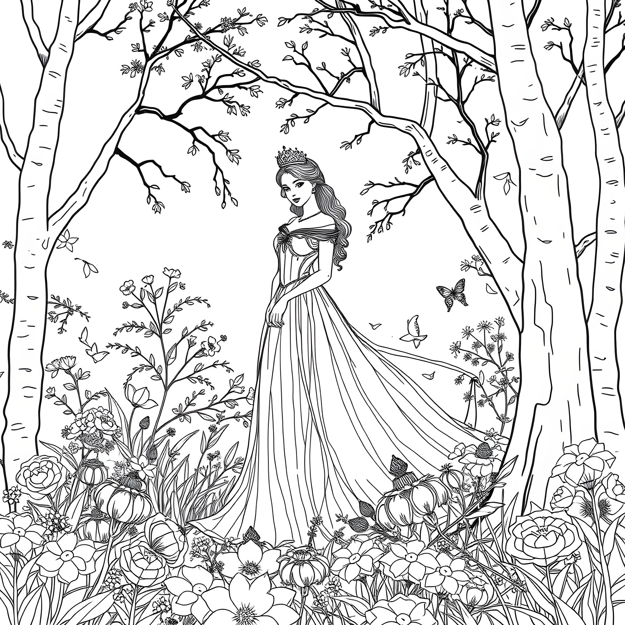 Princess in the enchanted forest with butterflies Coloring Page (free black-and-white line drawing printable PDF for all, from beginners to advanced learners, including children, teens, adults, and seniors)