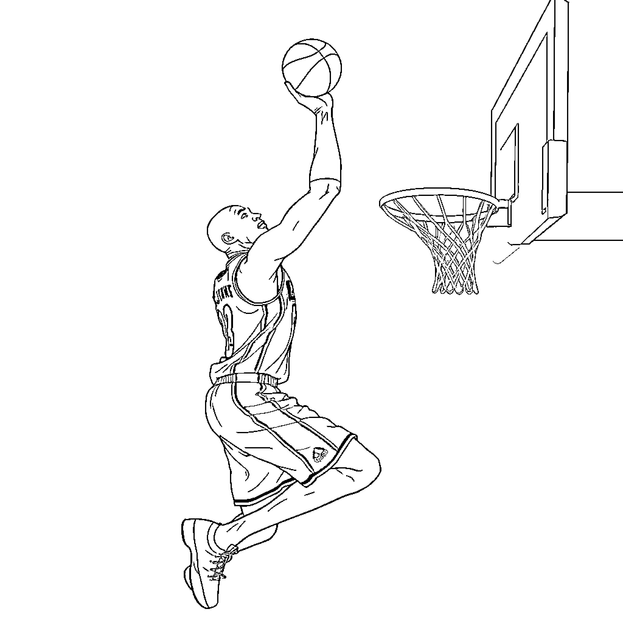 Kobe Bryant Performing Basketball Slam Dunk Coloring Page (free black-and-white line drawing printable PDF for all, from beginners to advanced learners, including children, teens, adults, and seniors)
