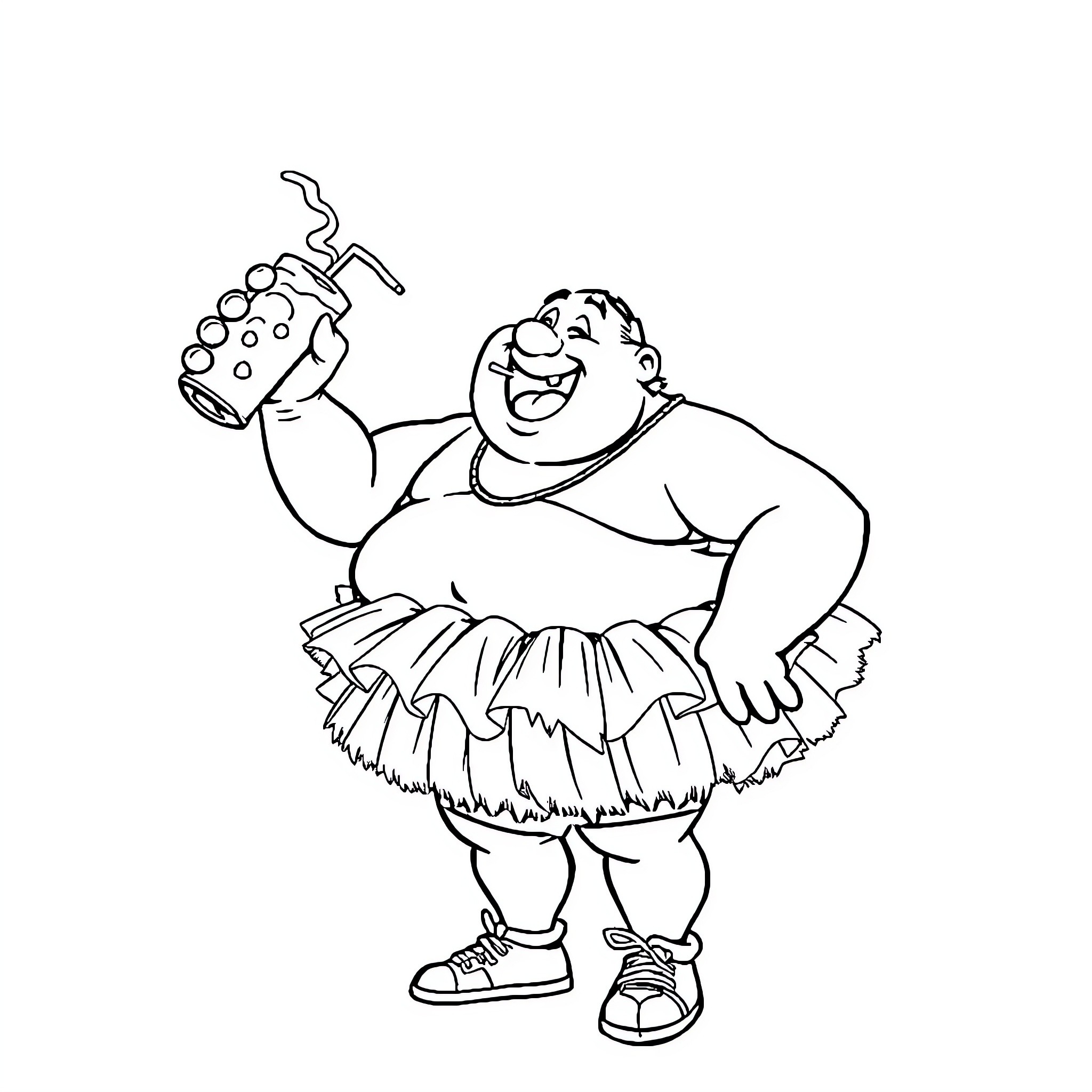 Guy in clown costume drinking beverage Coloring Page (free black-and-white line drawing printable PDF for all, from beginners to advanced learners, including children, teens, adults, and seniors)