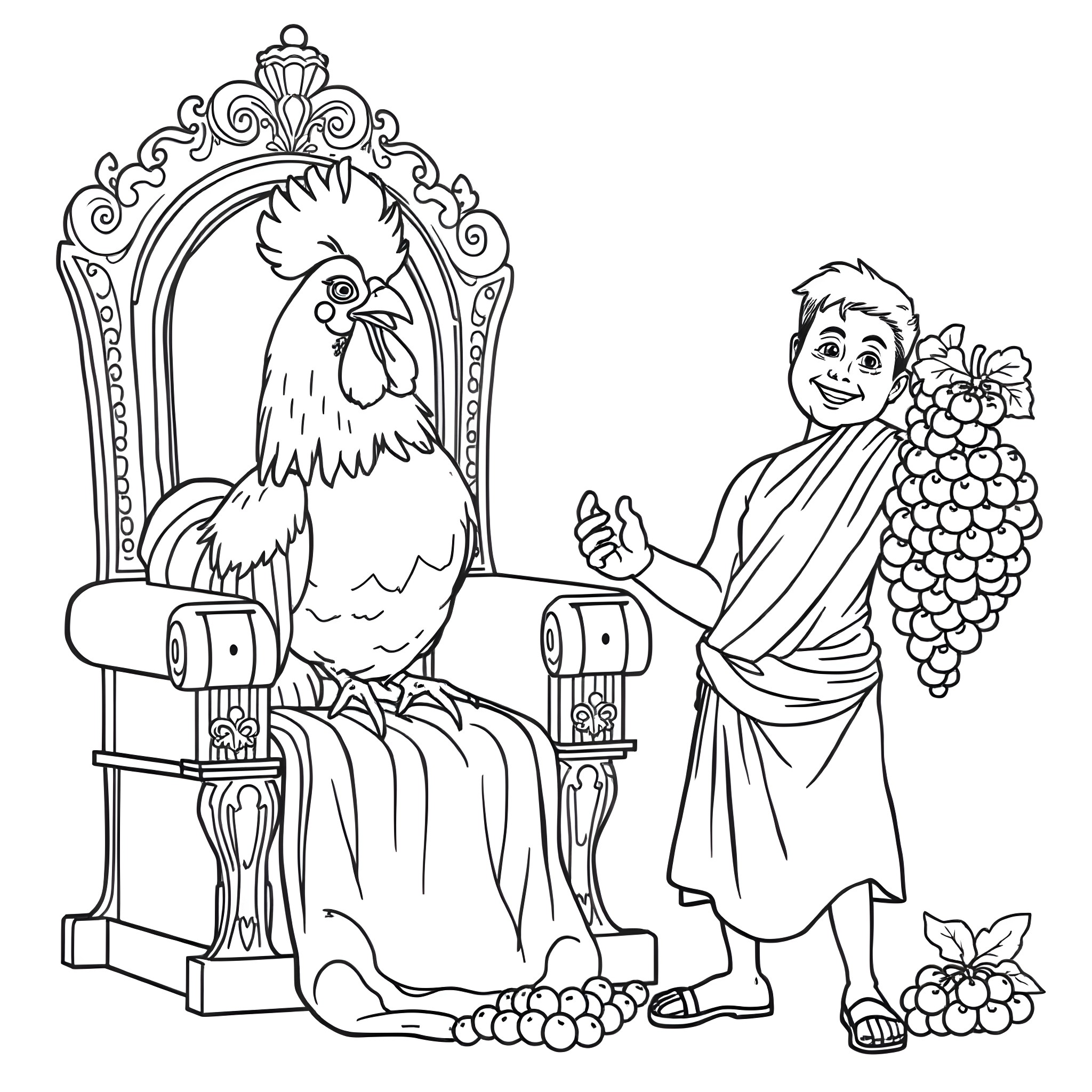 Chicken on throne with joyful servant Coloring Page (free black-and-white line drawing printable PDF for all, from beginners to advanced learners, including children, teens, adults, and seniors)