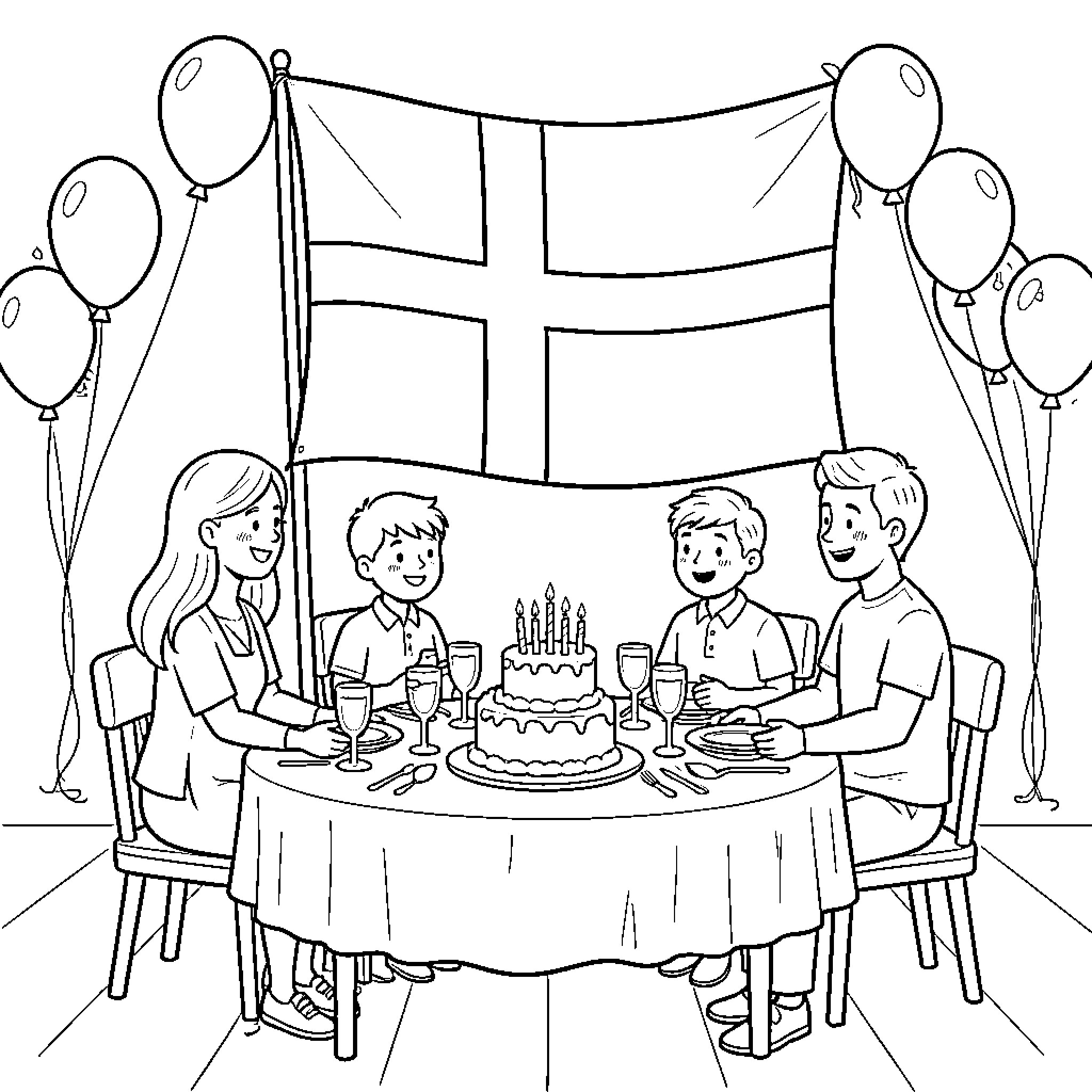 Danish Flag backdrop for a family birthday celebration Coloring Page (free black-and-white line drawing printable PDF for all, from beginners to advanced learners, including children, teens, adults, and seniors)