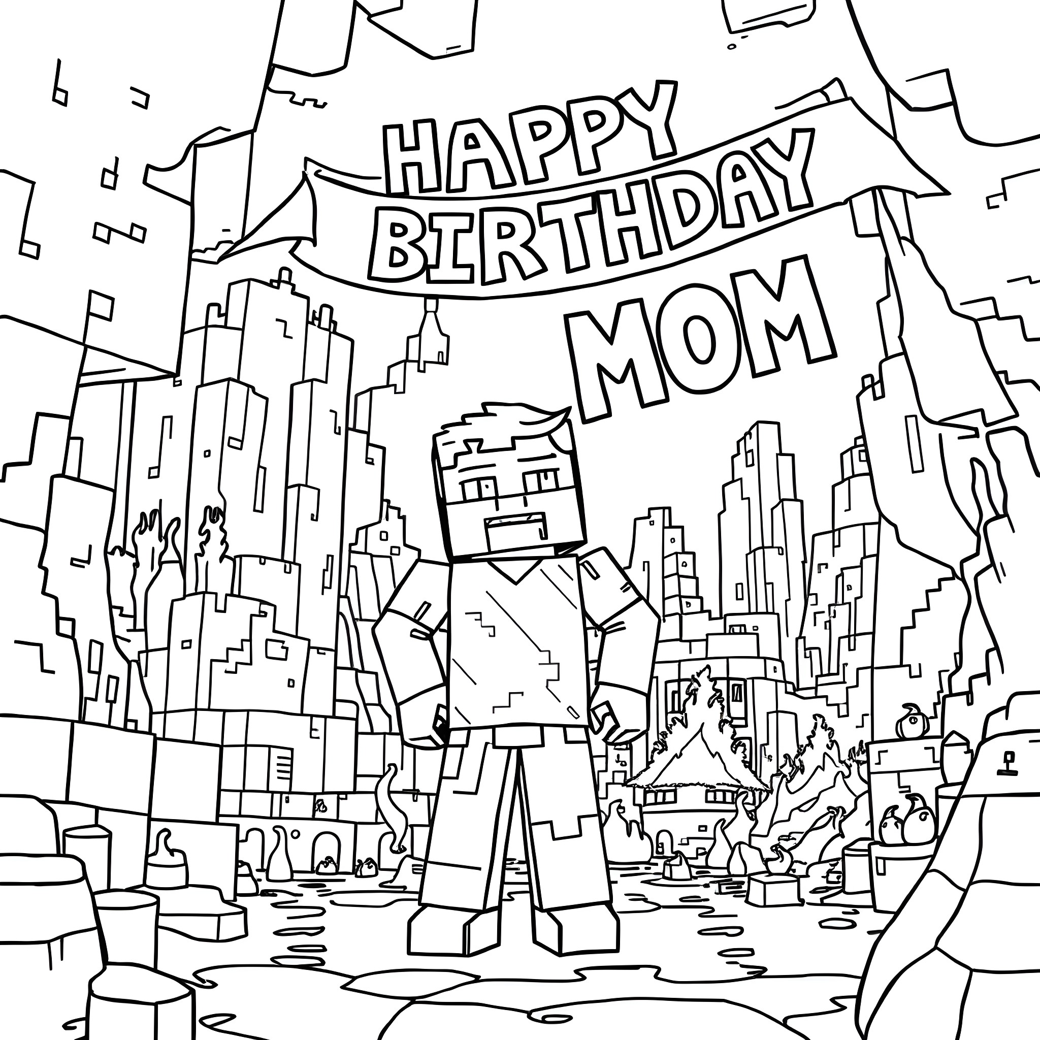 Steve's Cityscape Adventure: Wishing Mom a Happy Birthday Coloring Page (free black-and-white line drawing printable PDF for all, from beginners to advanced learners, including children, teens, adults, and seniors)