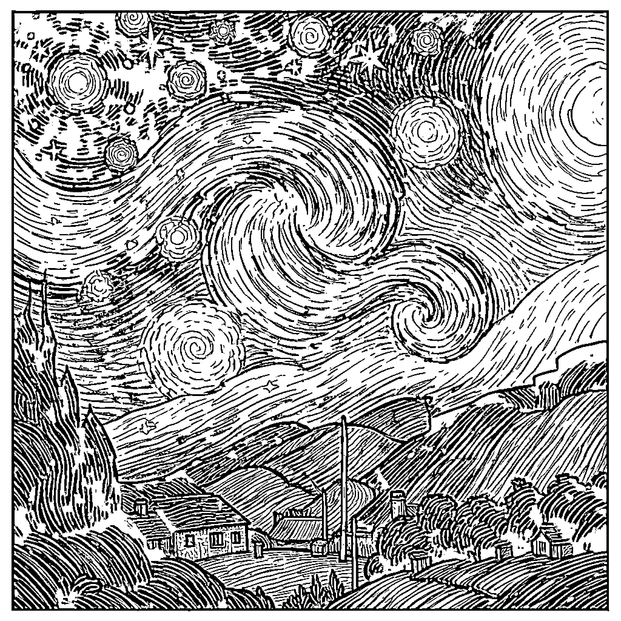 Starry Night swirling over a quiet village landscape Coloring Page (free black-and-white line drawing printable PDF for all, from beginners to advanced learners, including children, teens, adults, and seniors)