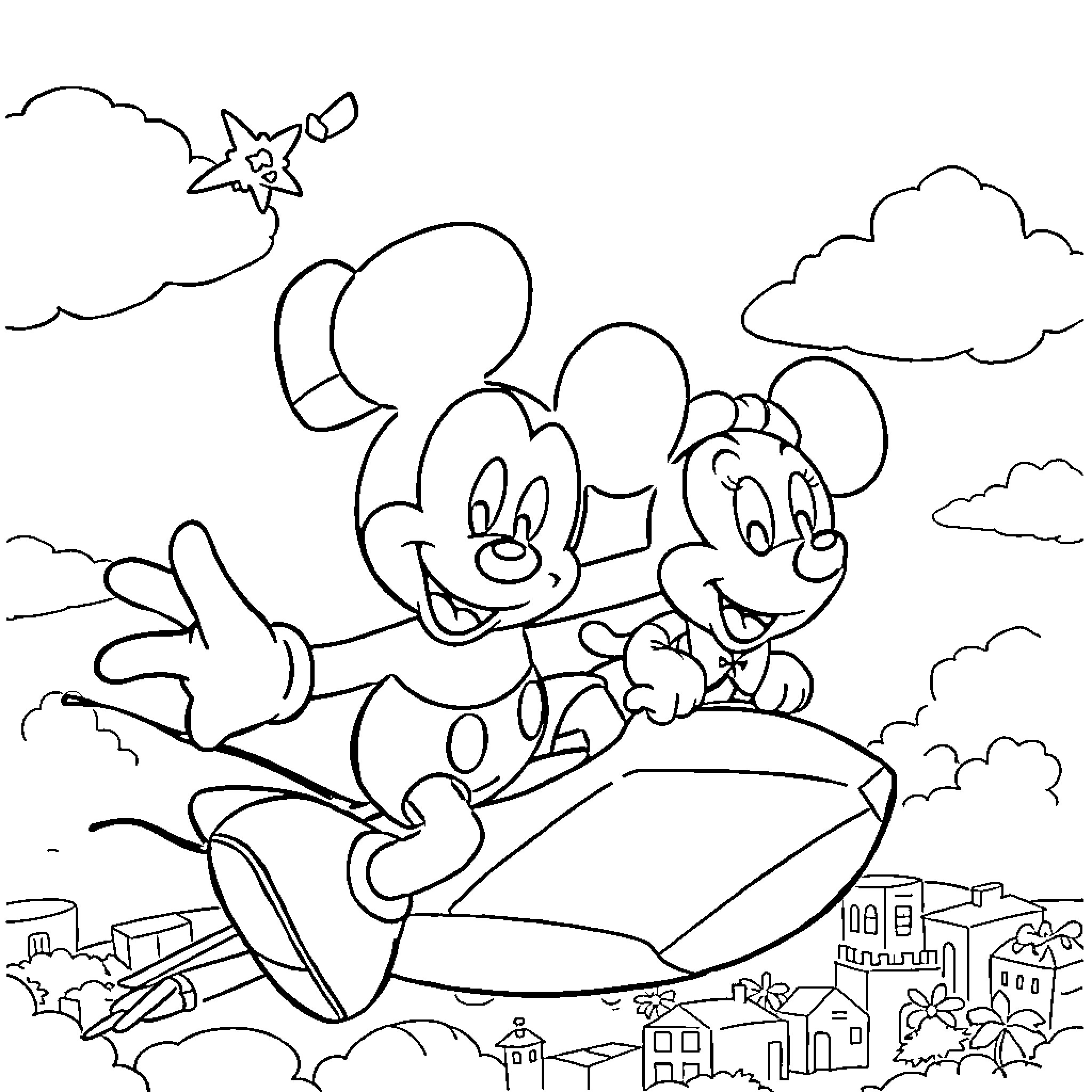 Mickey Mouse and Minnie Mouse flying in a plane over the city Coloring Page (free black-and-white line drawing printable PDF for all, from beginners to advanced learners, including children, teens, adults, and seniors)