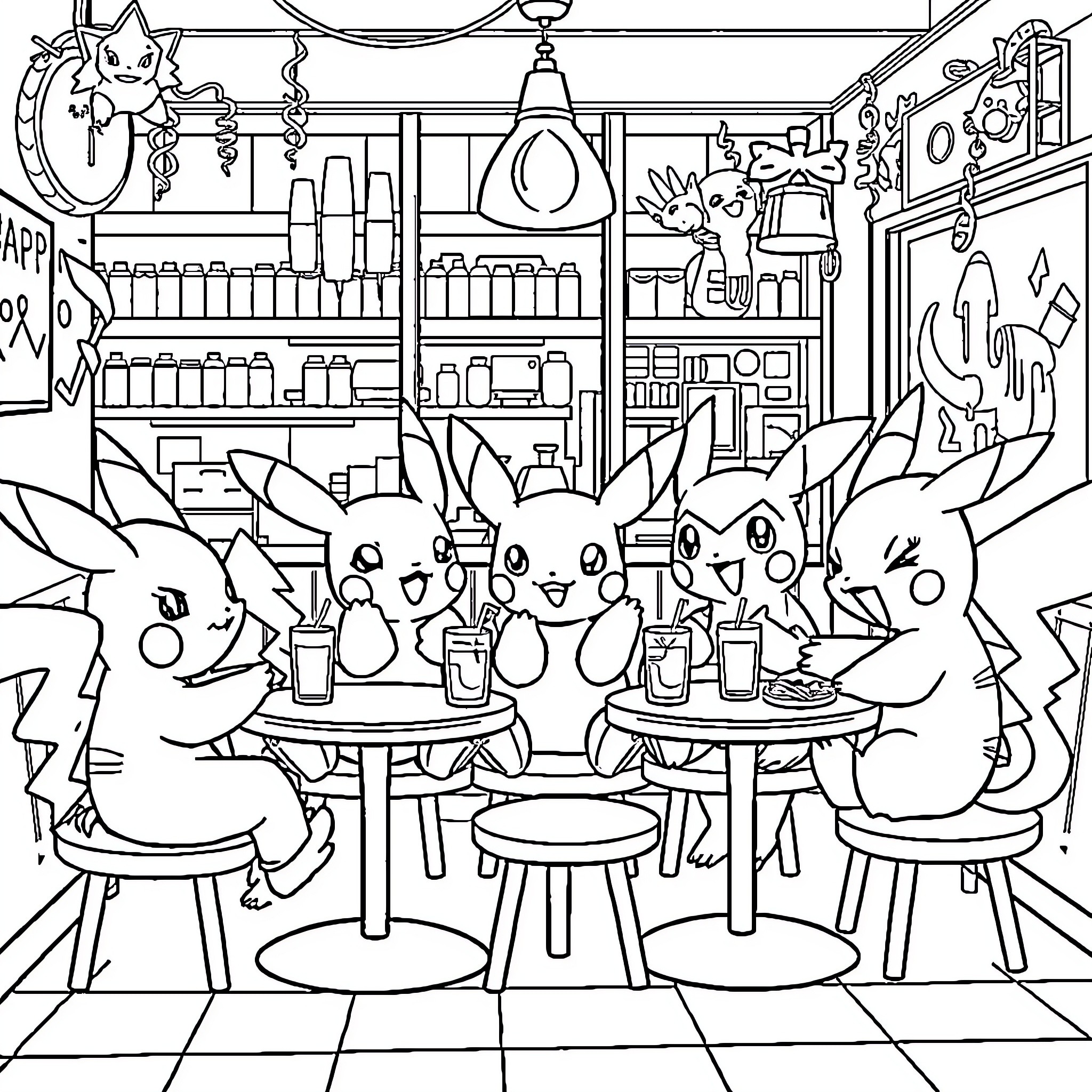 Pokémon enjoying a friendly gathering at a café Coloring Page (free black-and-white line drawing printable PDF for all, from beginners to advanced learners, including children, teens, adults, and seniors)
