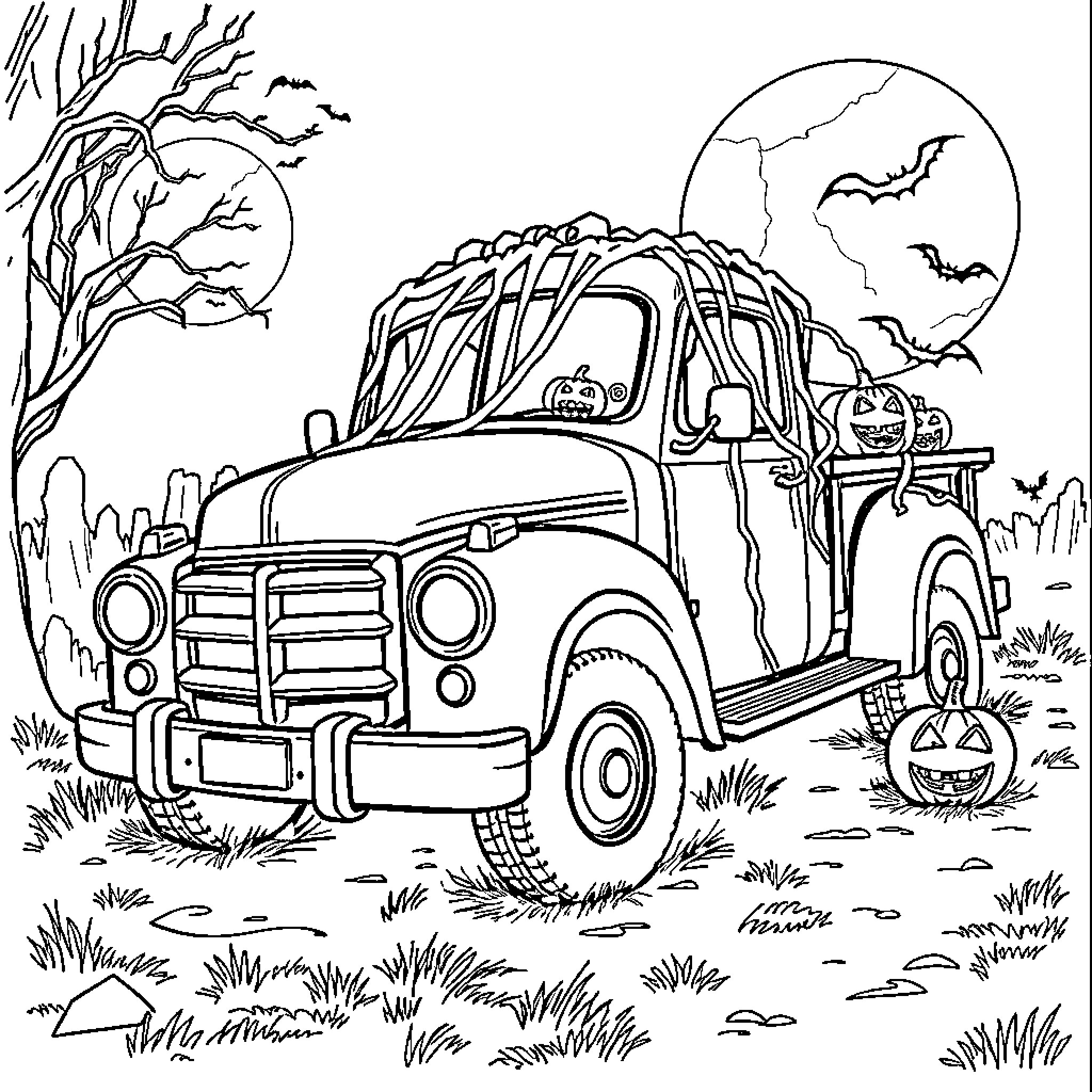Truck decorated for Halloween in spooky forest Coloring Page (free black-and-white line drawing printable PDF for all, from beginners to advanced learners, including children, teens, adults, and seniors)